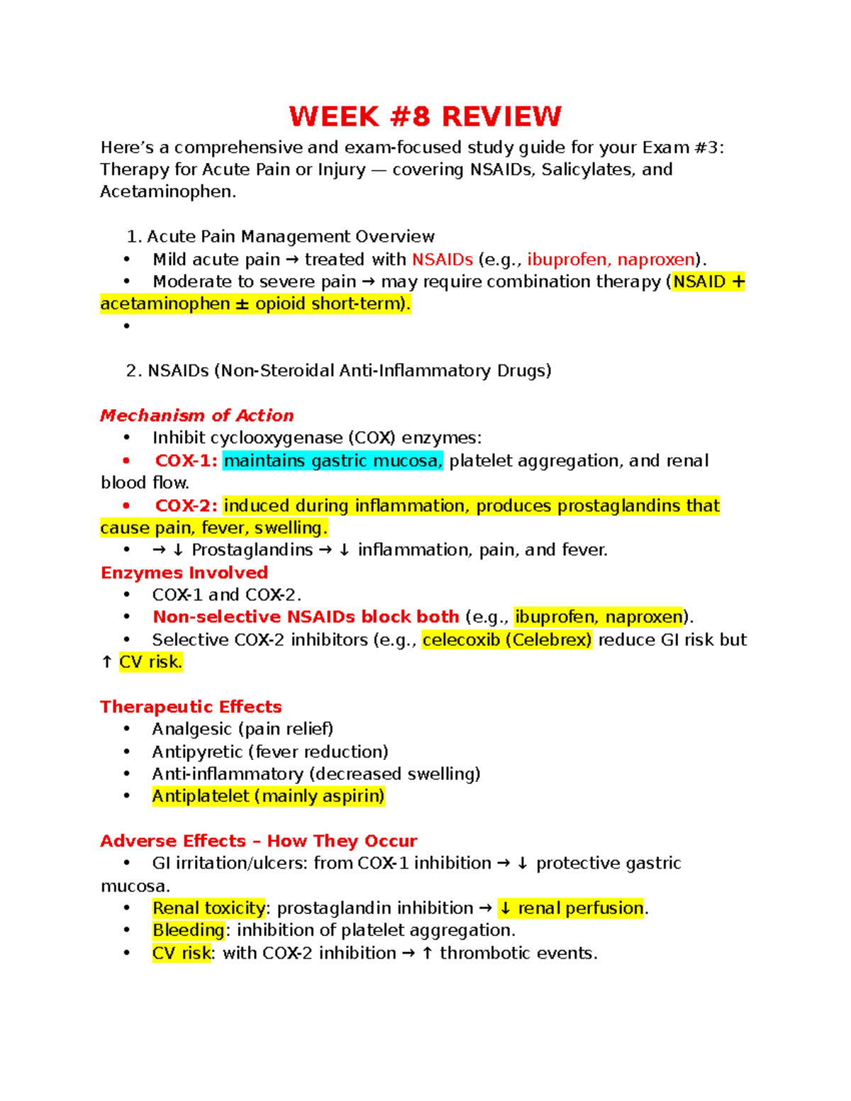 WEEK #8 Review - Comprehensive Study Guide for Exam on Acute Pain ...