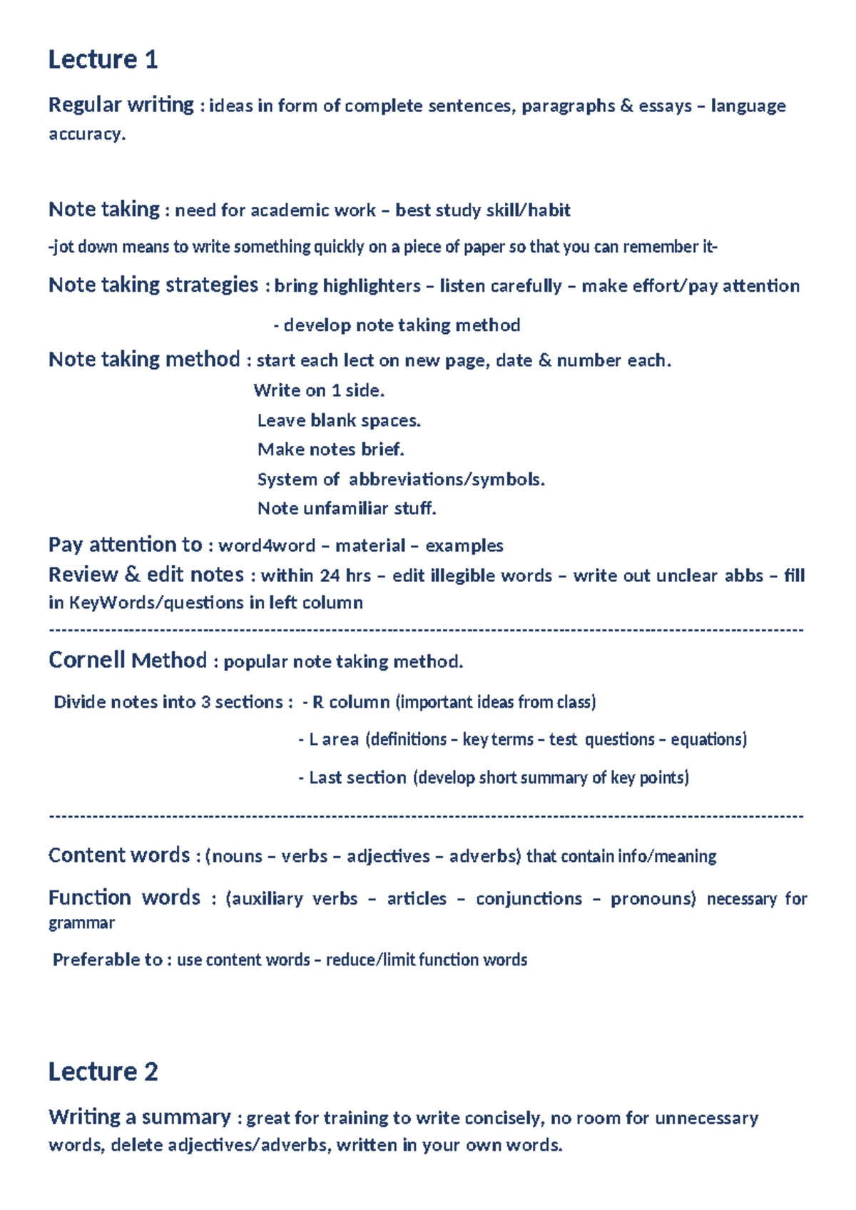 English Lecture Notes: Writing Skills, Summary Techniques ...
