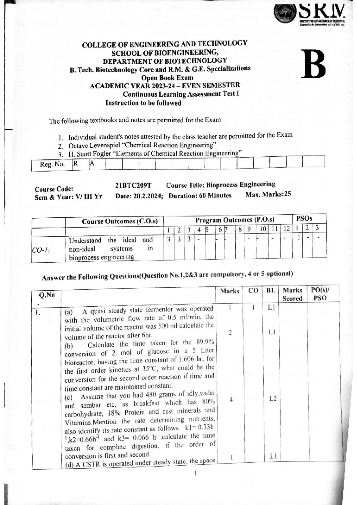 B. Tech Biotechnology 21BTC209T Open Book Exam CLA1B Answer Key - Studocu