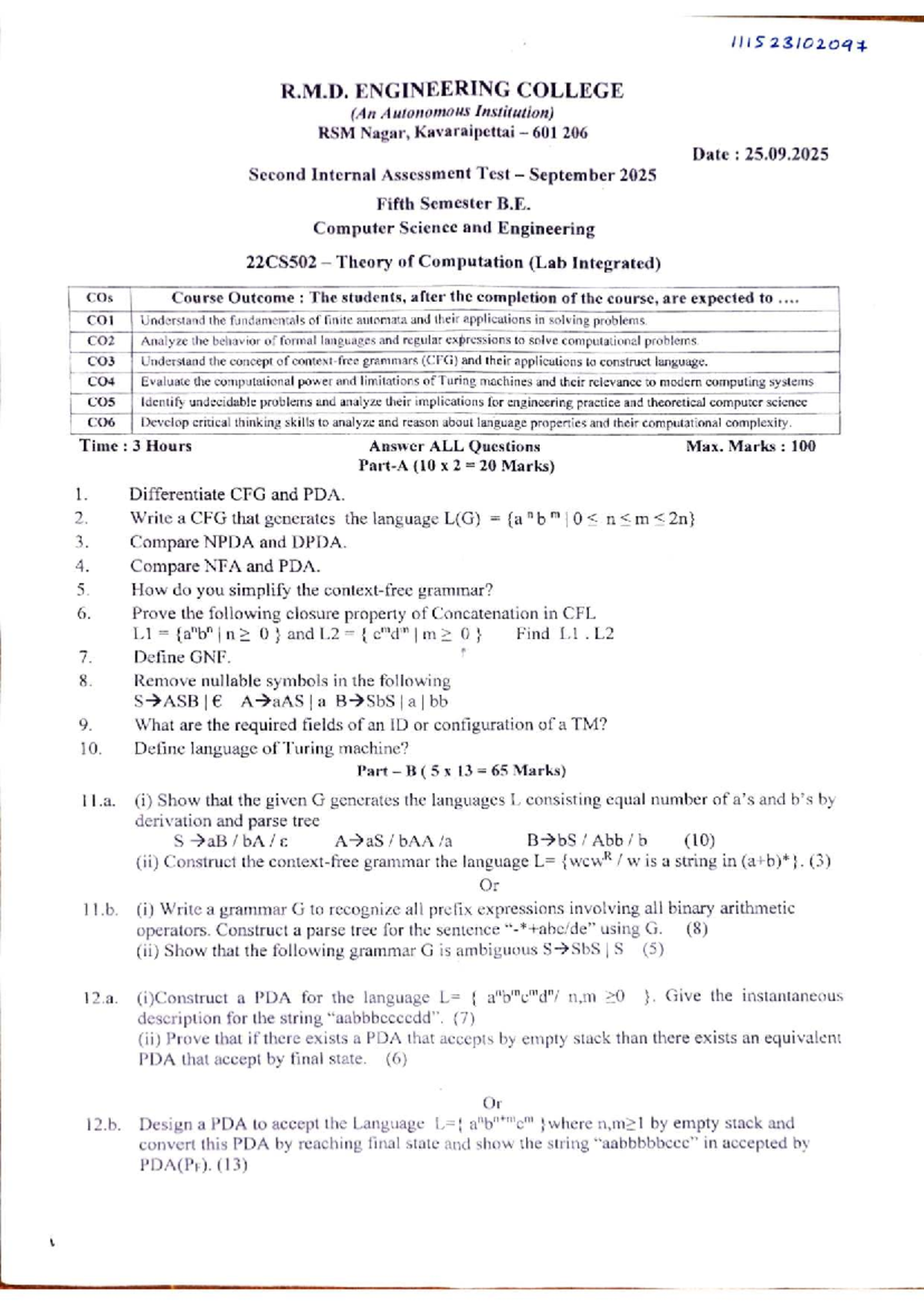 22CS502 Second Internal Assessment Test - Theory of Computation - Studocu