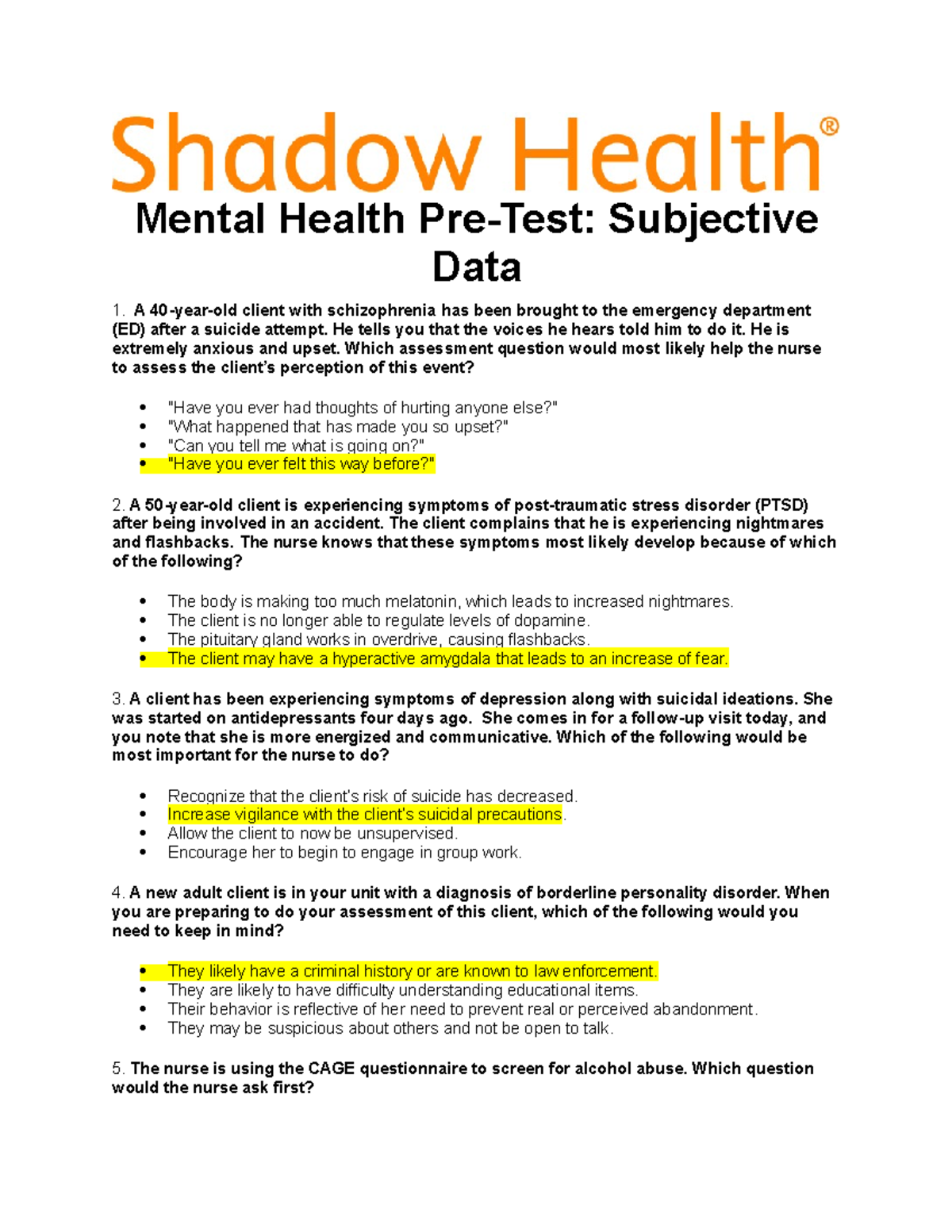 Shadow Health NSG20 Pre test   Mental Health Pre Test Subjective ...