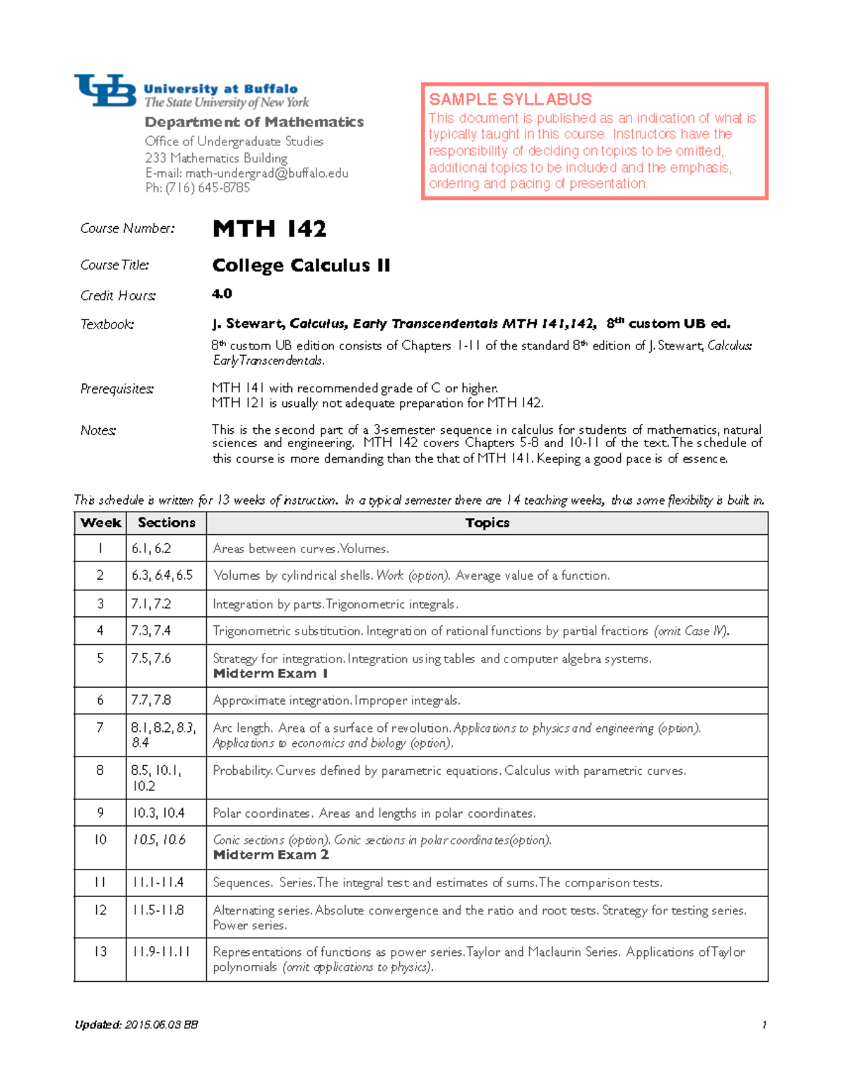 MTH 142 - Syllabus for College Calculus II Course Overview - Studocu