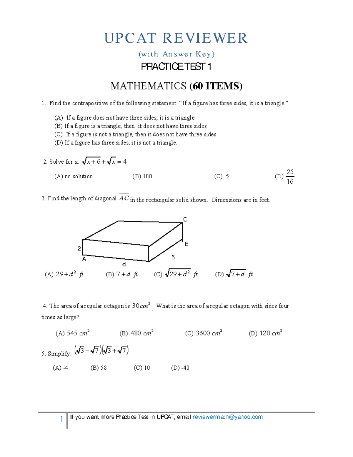 UPCAT Math Practice Test 1 with Answer Key and Solutions - Studocu