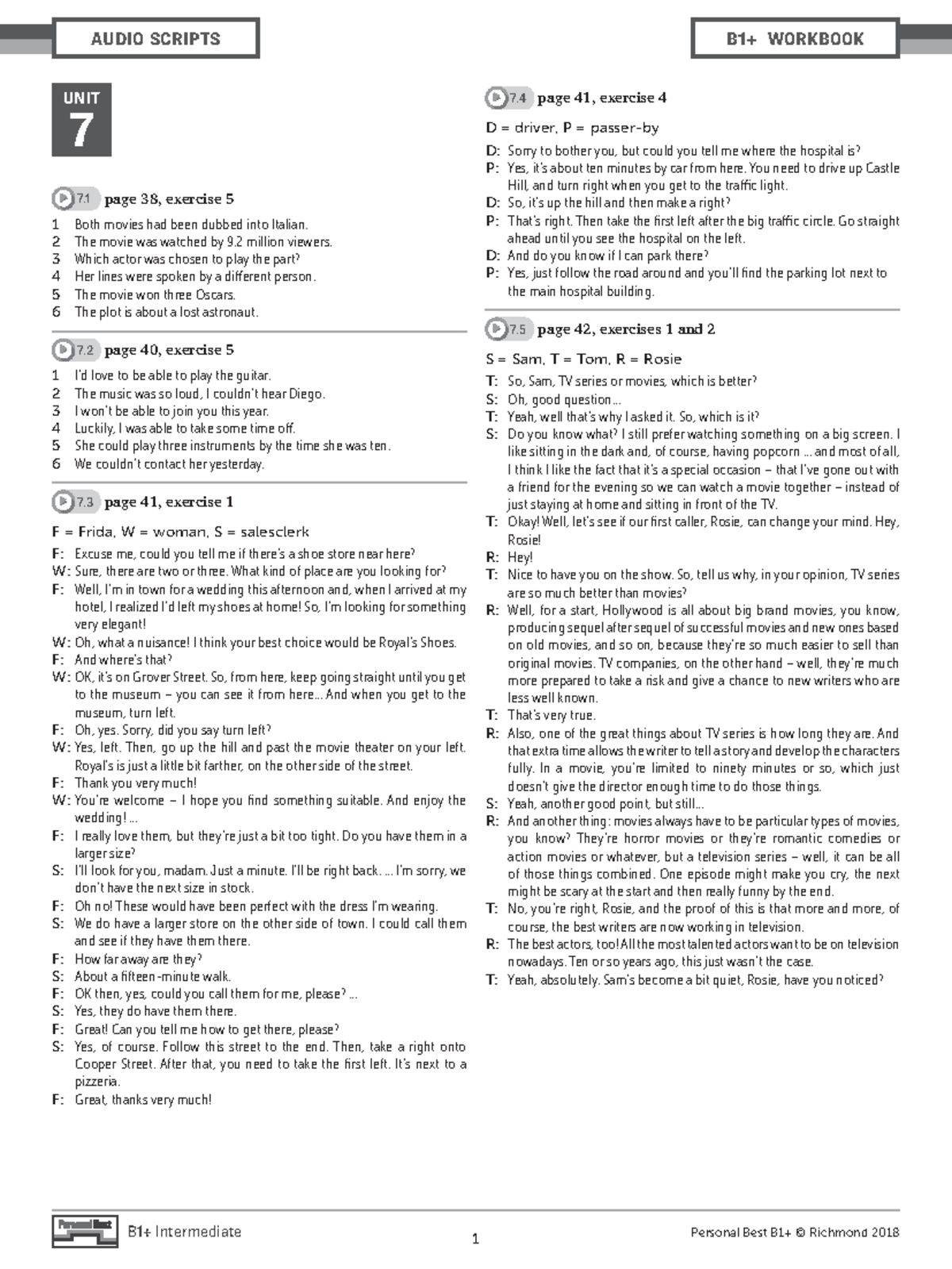 B1+ Intermediate 1 Audio Scripts - Unit 7 Exercises Overview - Studocu