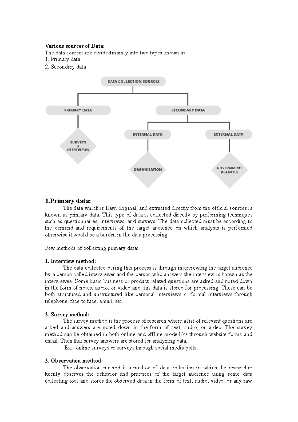 Various sources of Data - Primary data 2. Secondary data 1 data: The ...