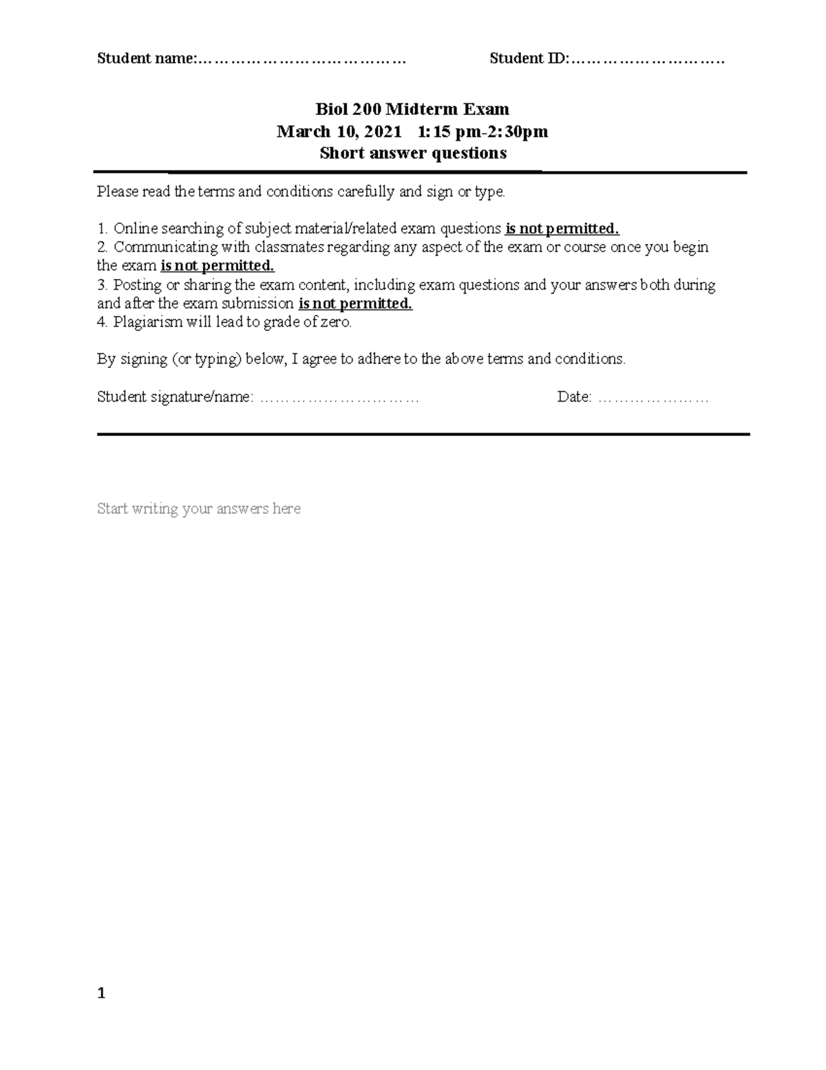 Biol 200 Midterm Exam Short Answer Template - Studocu