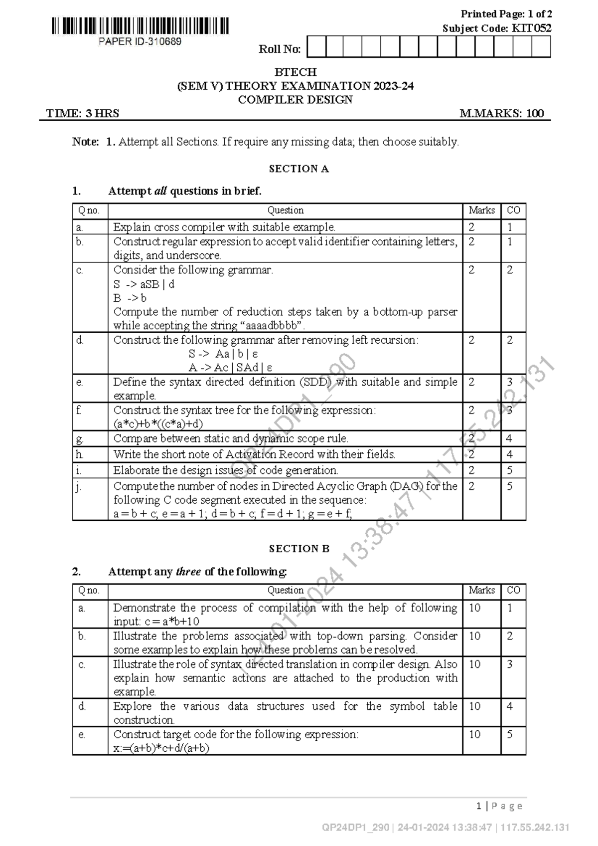 KIT052 - Compiler design theory exam notes for BTech (Sem V) - Studocu