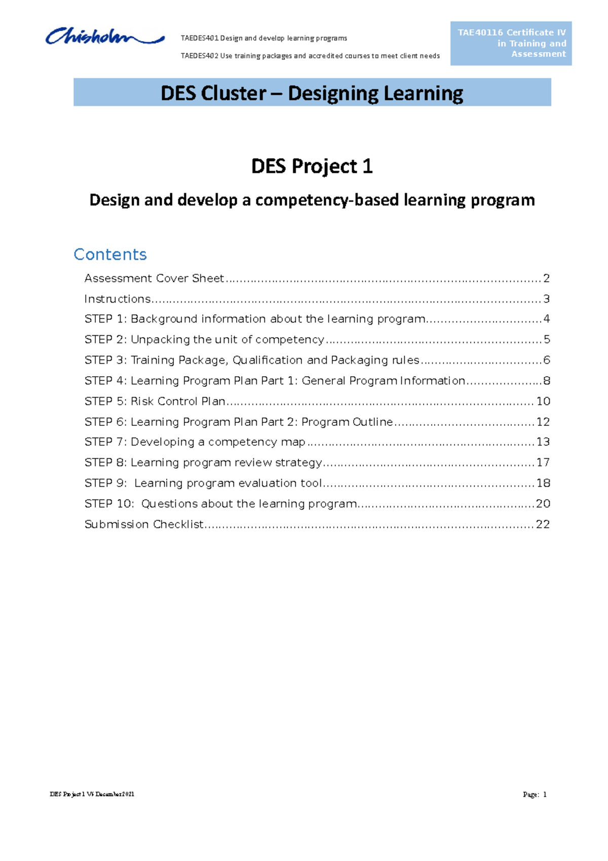 DES Project 1: Developing Competency-Based Learning Programs (TAEDES401 ...