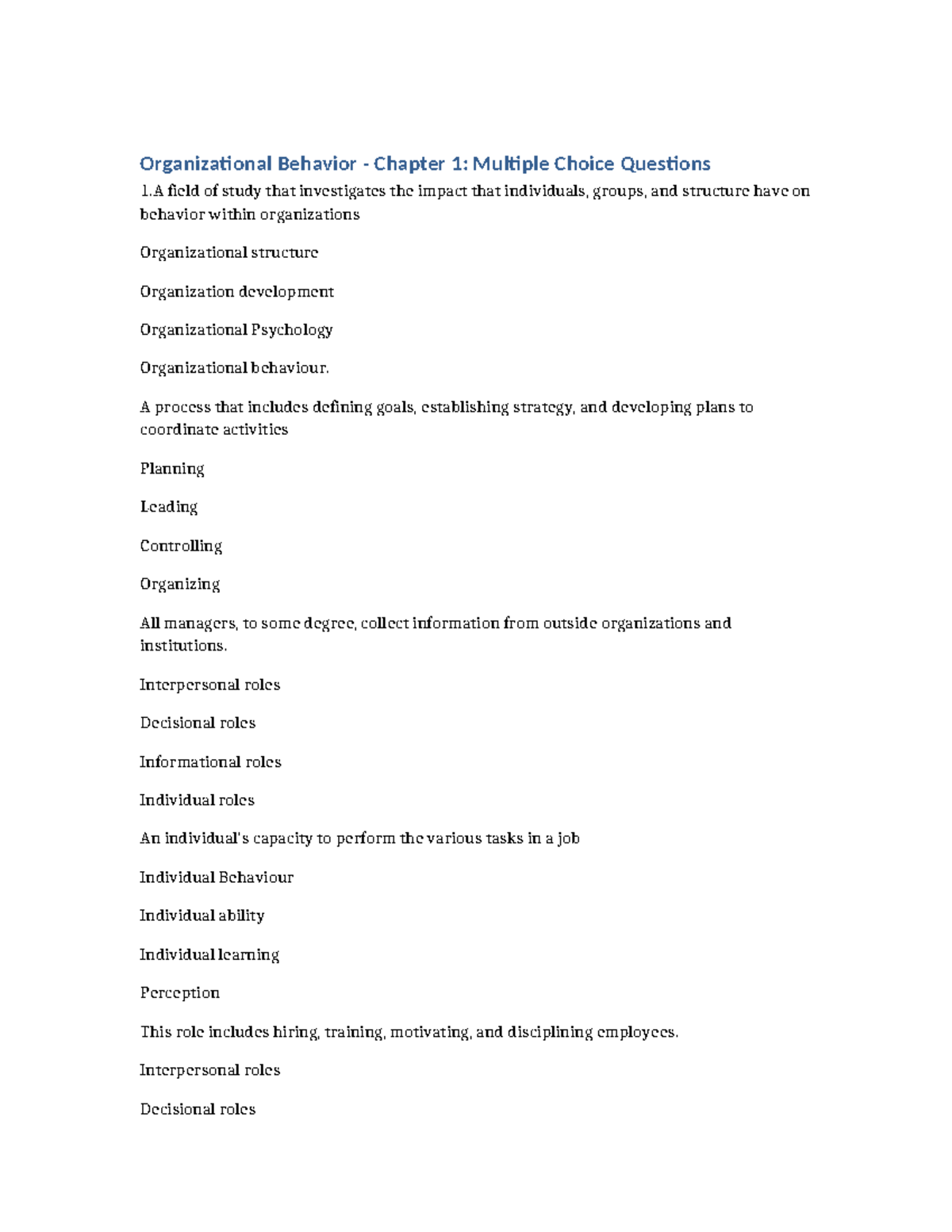 OB Chapter 1: Multiple Choice Questions on Organizational Behavior ...