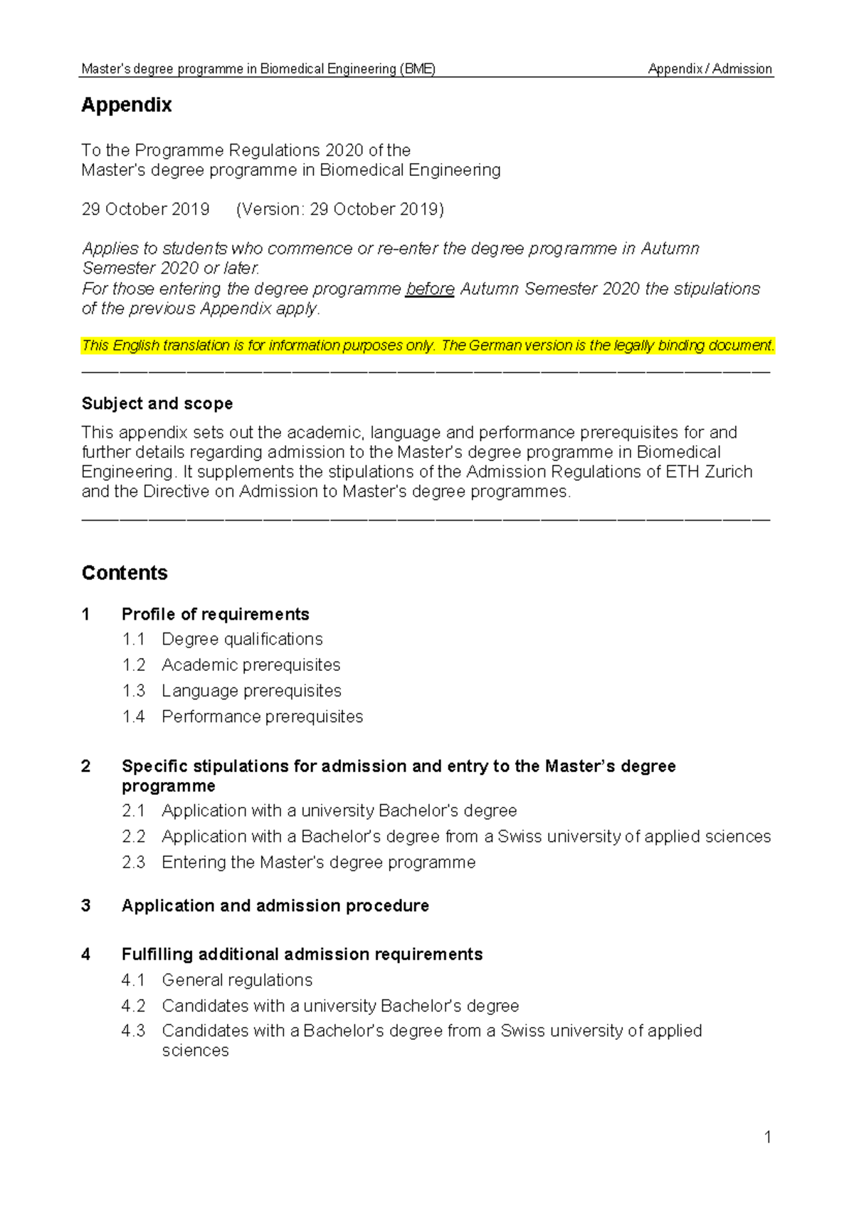 MSc Biomedical Engineering (BME) Admission Appendix 2020 Guidelines ...