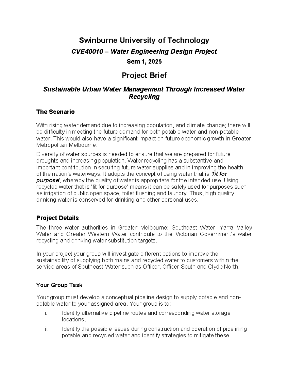 CVE40010 Water Engineering Design Project: Sustainable Urban Water ...