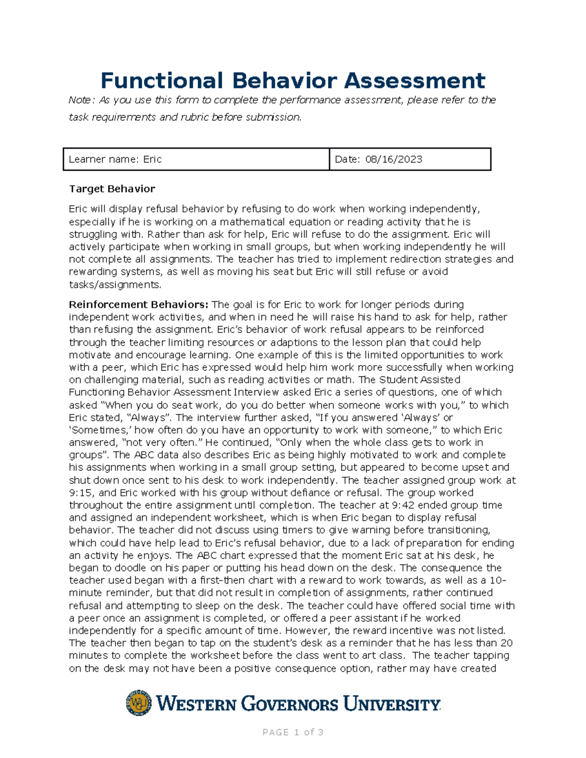 FBA BIP Form 2 Task Assignment for Eric's Behavior Plan - Studocu