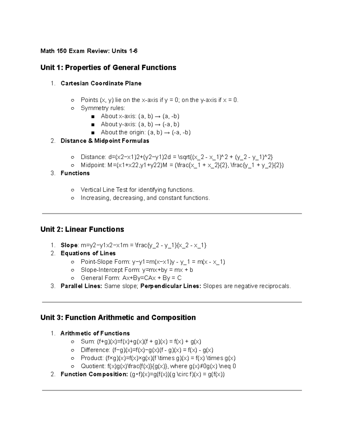 Math 150 Final Exam Review: Key Concepts from Units 1-6 - Studocu