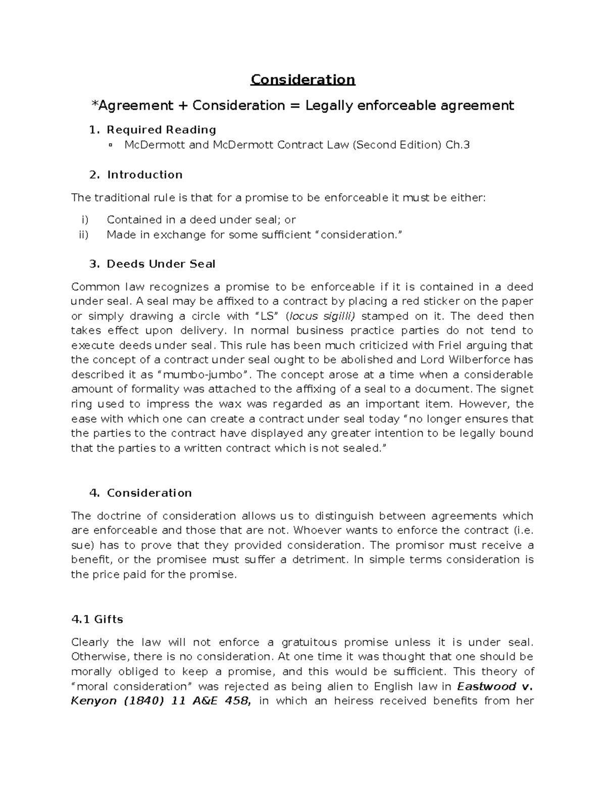 Contract Law (LAW101): Understanding Consideration in Agreements - Studocu