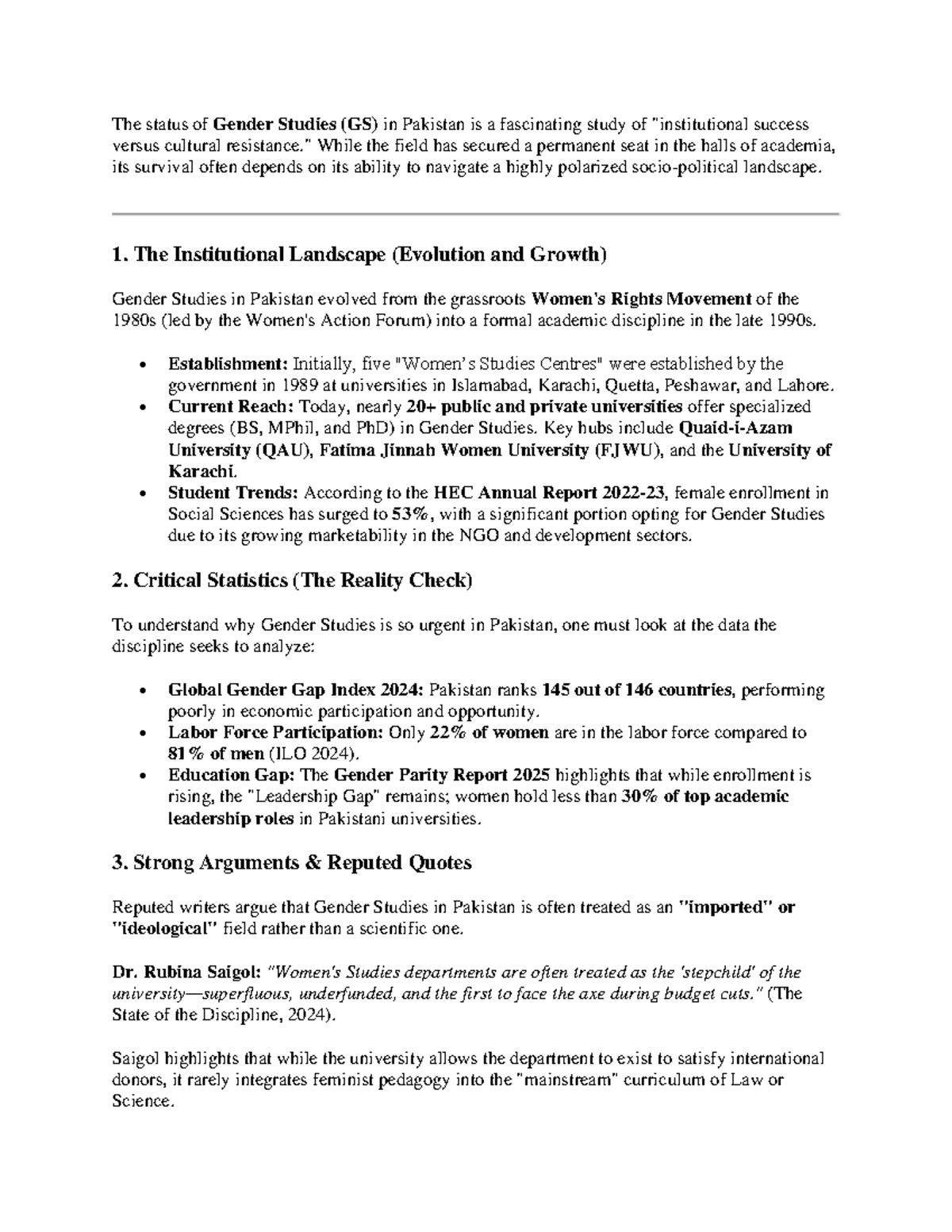 The Status of Gender Studies (GS) in Pakistan: Success vs. Cultural ...