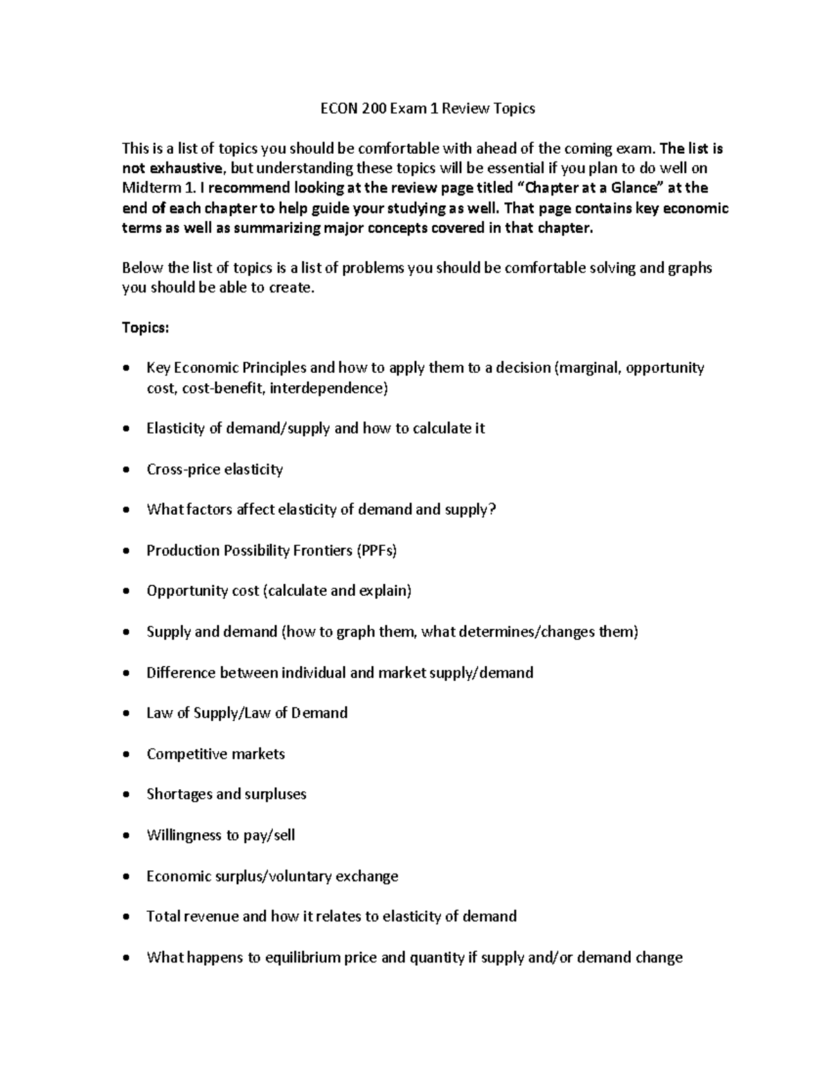 ECON 200 Midterm Exam 1 Review: Key Topics & Concepts - Studocu