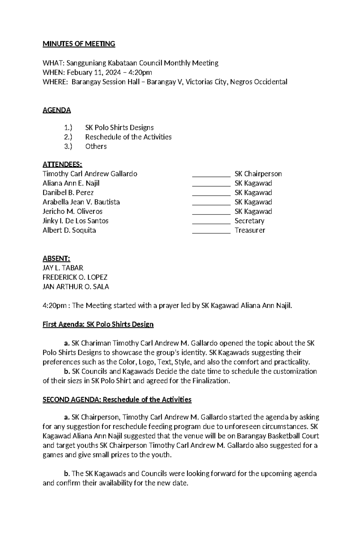 Sangguniang Kabataan Council Meeting Minutes - Feb 2024 - Studocu