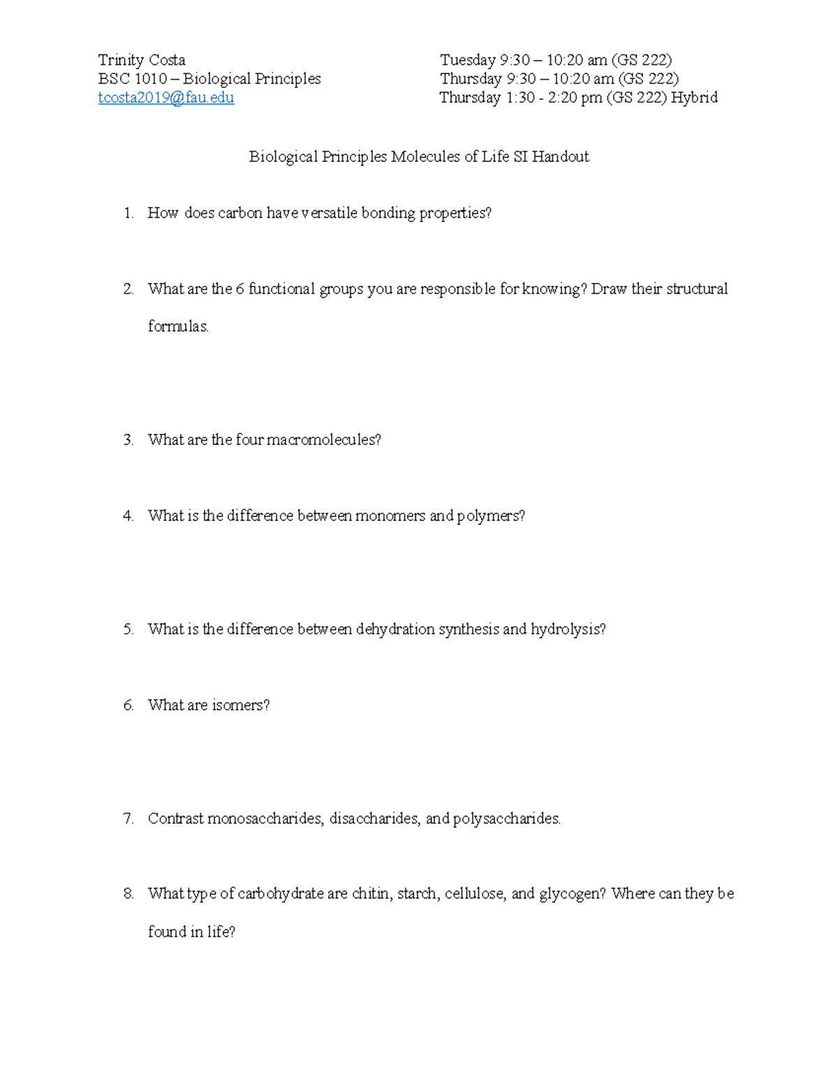 BSC 1010 SI - Molecules of Life Handout for Biological Principles - Studocu