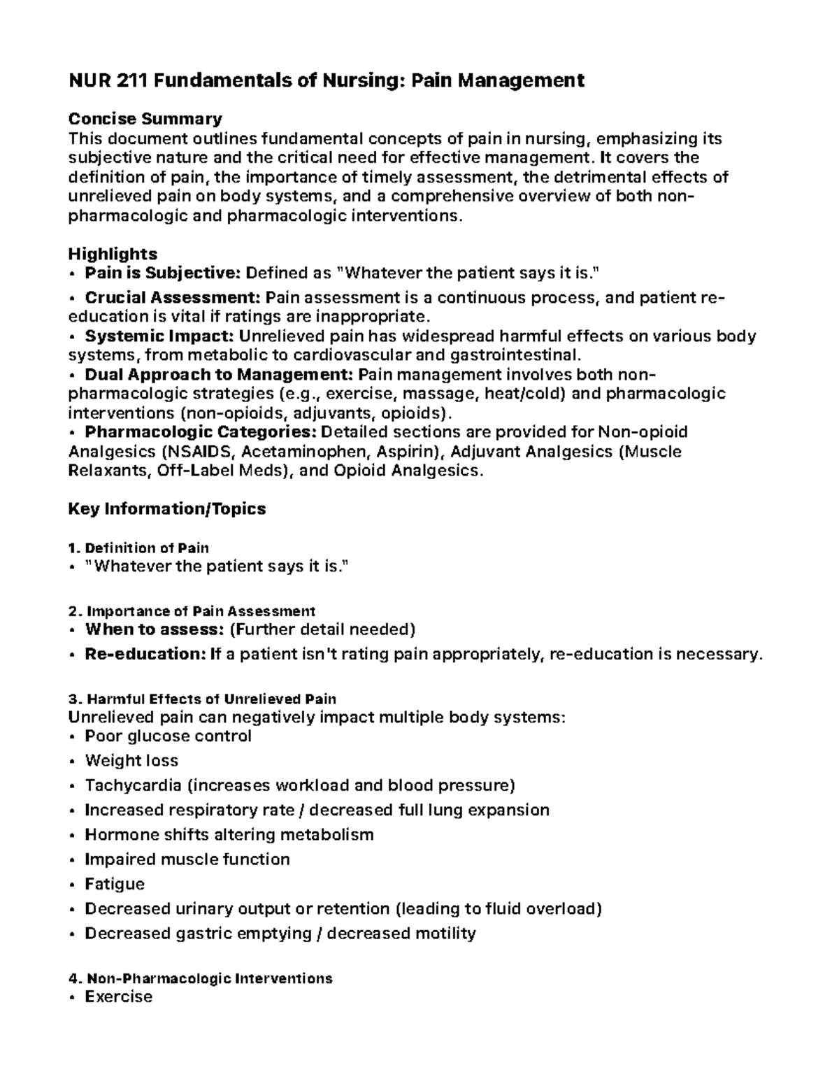 NUR 211 Final Exam Study Notes: Key Concepts in Pain Management - Studocu
