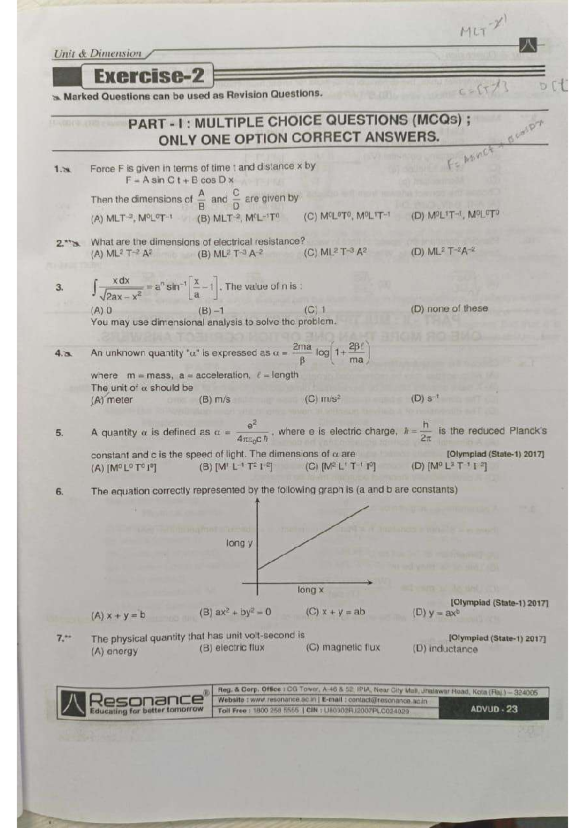 Physics Units & Dimensions: MLT Unit Dimension Marked Questions for ...