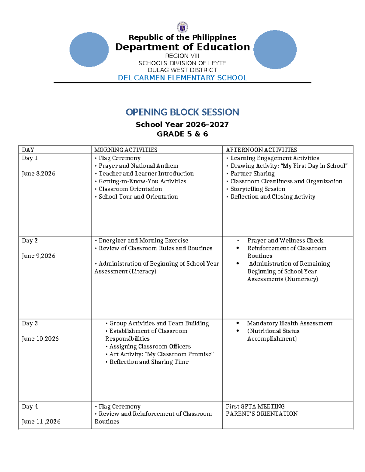 Opening Block Session Activities for Grade 5 SY 2026-2027 - Studocu