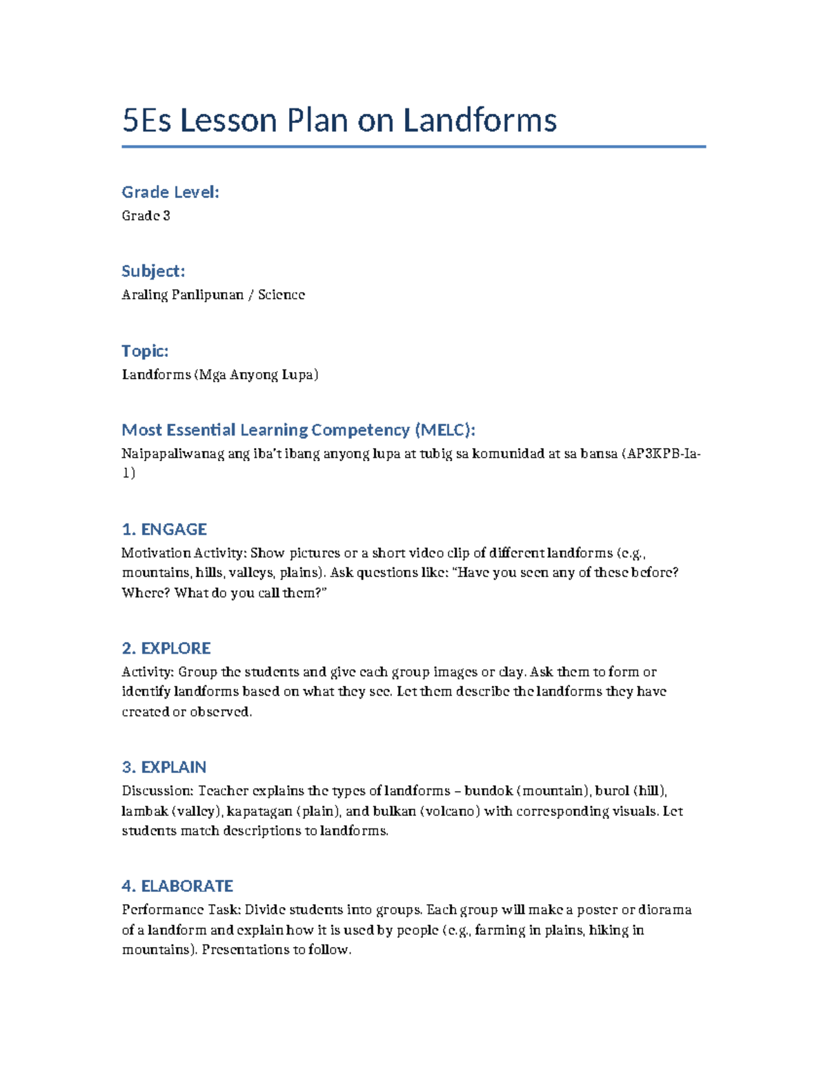 5Es Lesson Plan on Landforms for Grade 3 (Araling Panlipunan) - Studocu