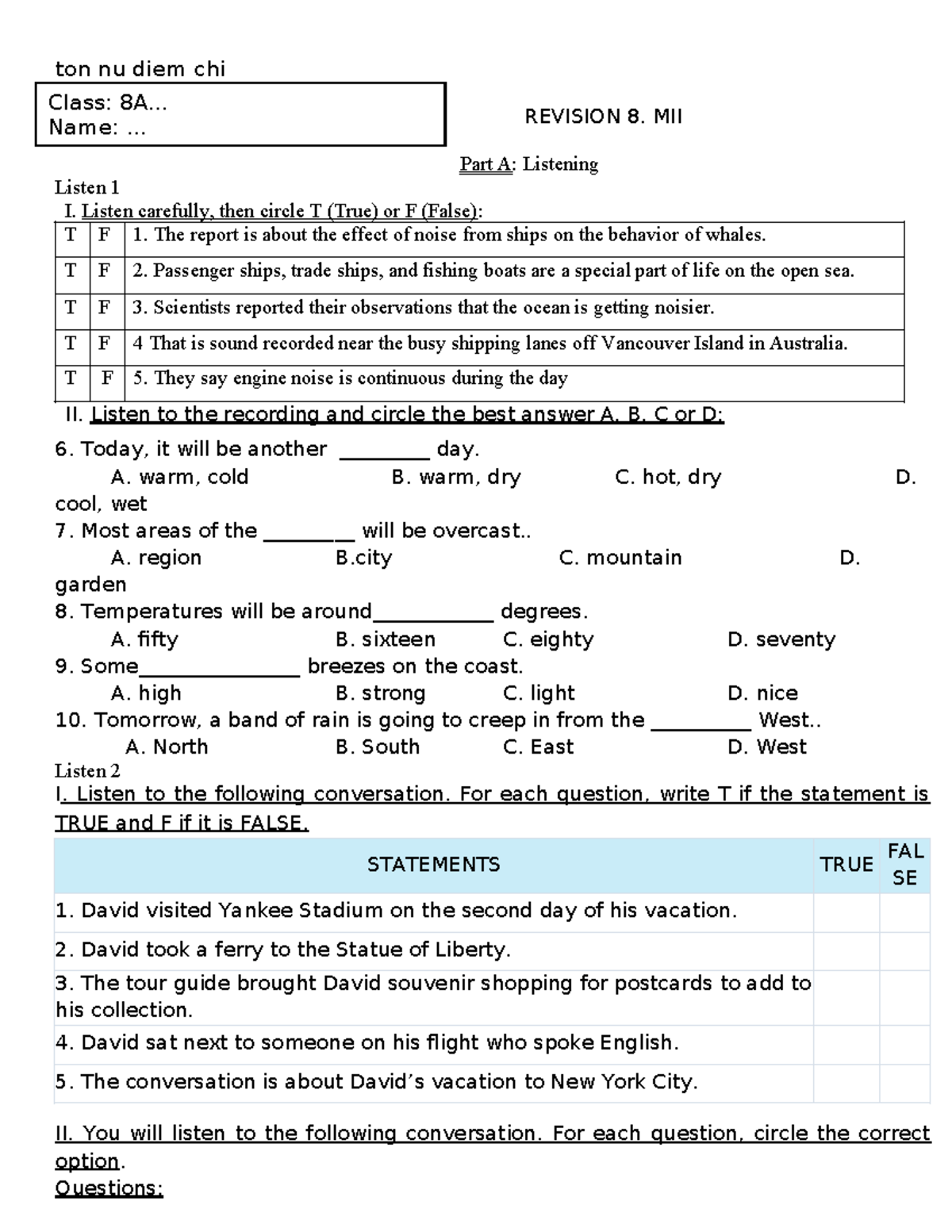 ON TAP GK2 ANH 8 - Listening and Reading Comprehension Exercises - Studocu