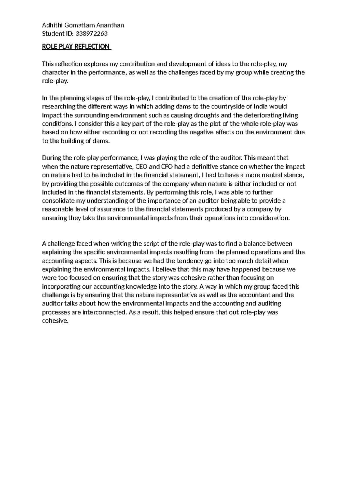 ROLE PLAY Reflection - Accoutning - Adhithi Gomattam Ananthan Student ...