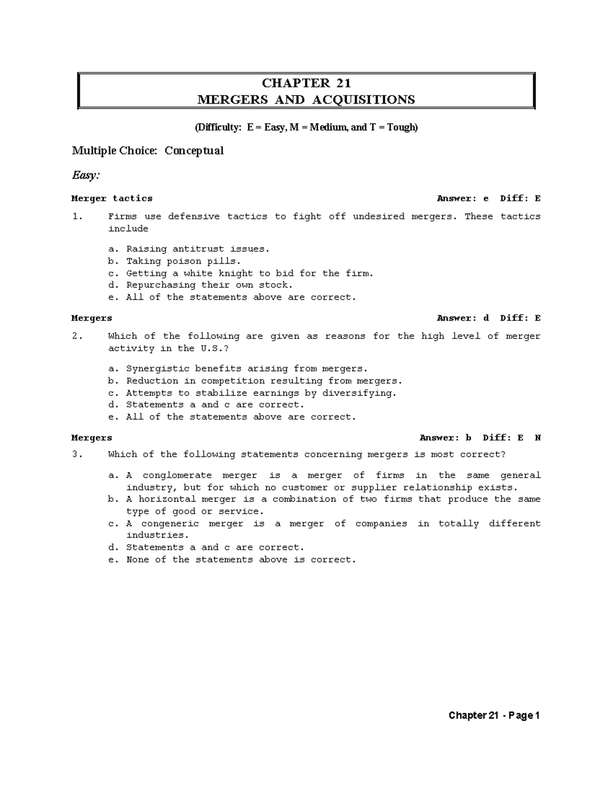 Mergers & Acquisitions MCQs - Chapter 21 Exam Study Guide - Studocu