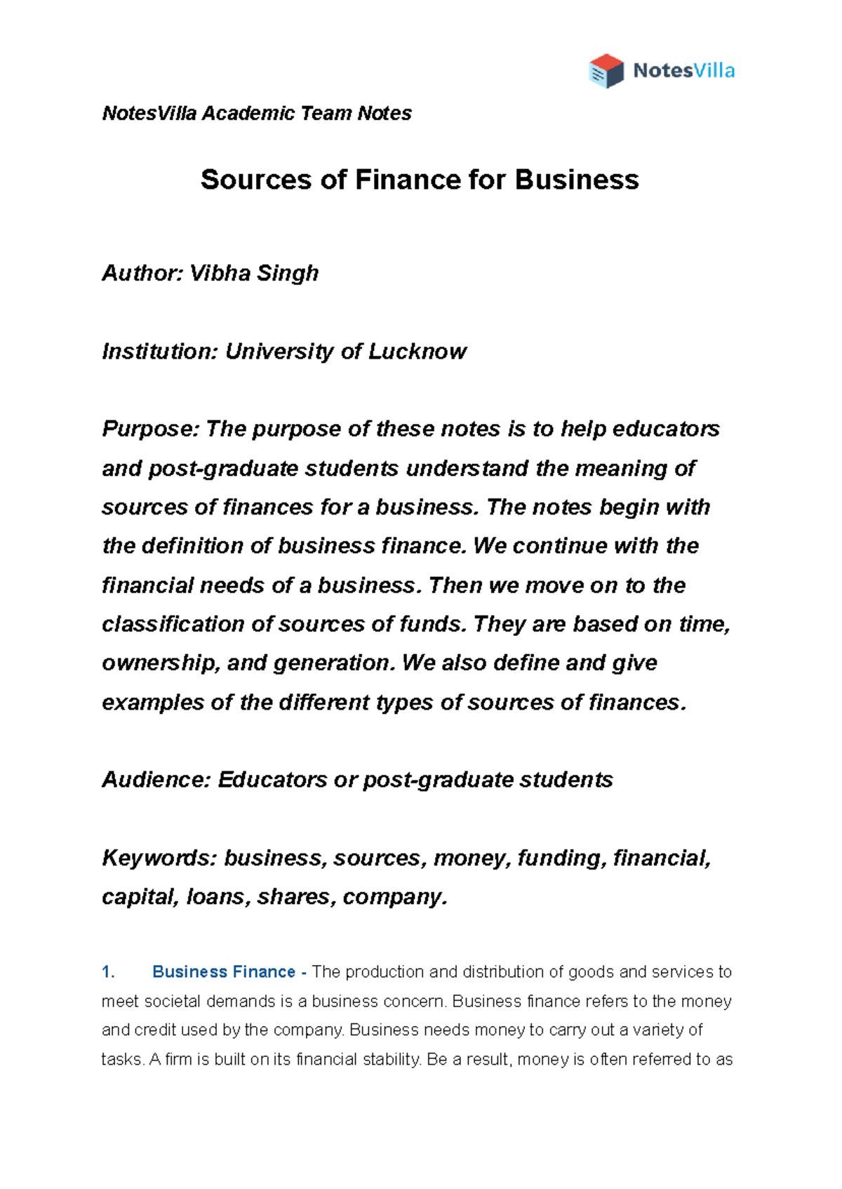 Sources of finance for business notes - NotesVilla Academic Team Notes ...