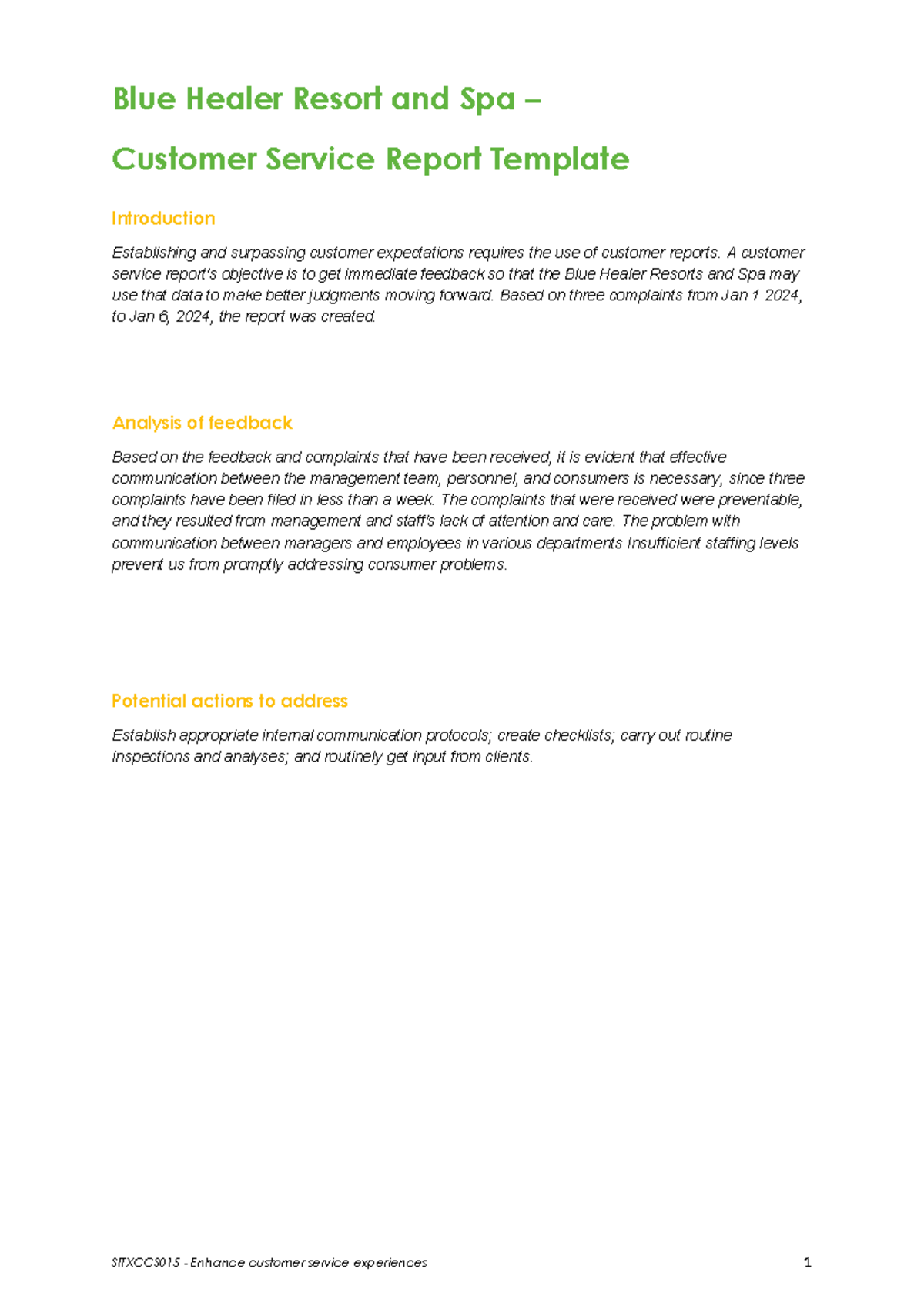 SITXCCS015 Customer Service Report Template for Blue Healer Resort ...