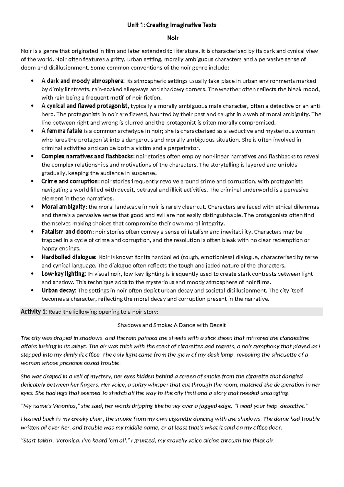 Creating noir fiction - noir description - Unit 1: Creating Imaginative ...