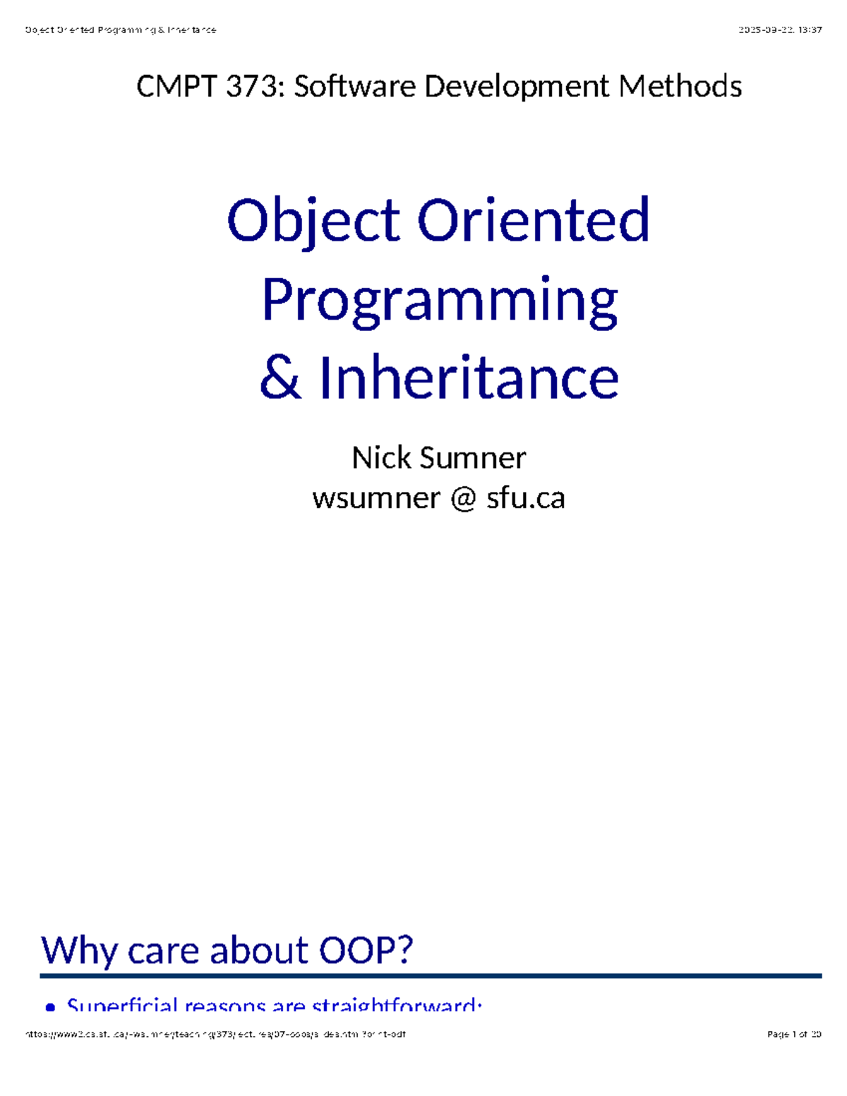 Object Oriented Programming & Inheritance Notes CMPT 373 - Studocu