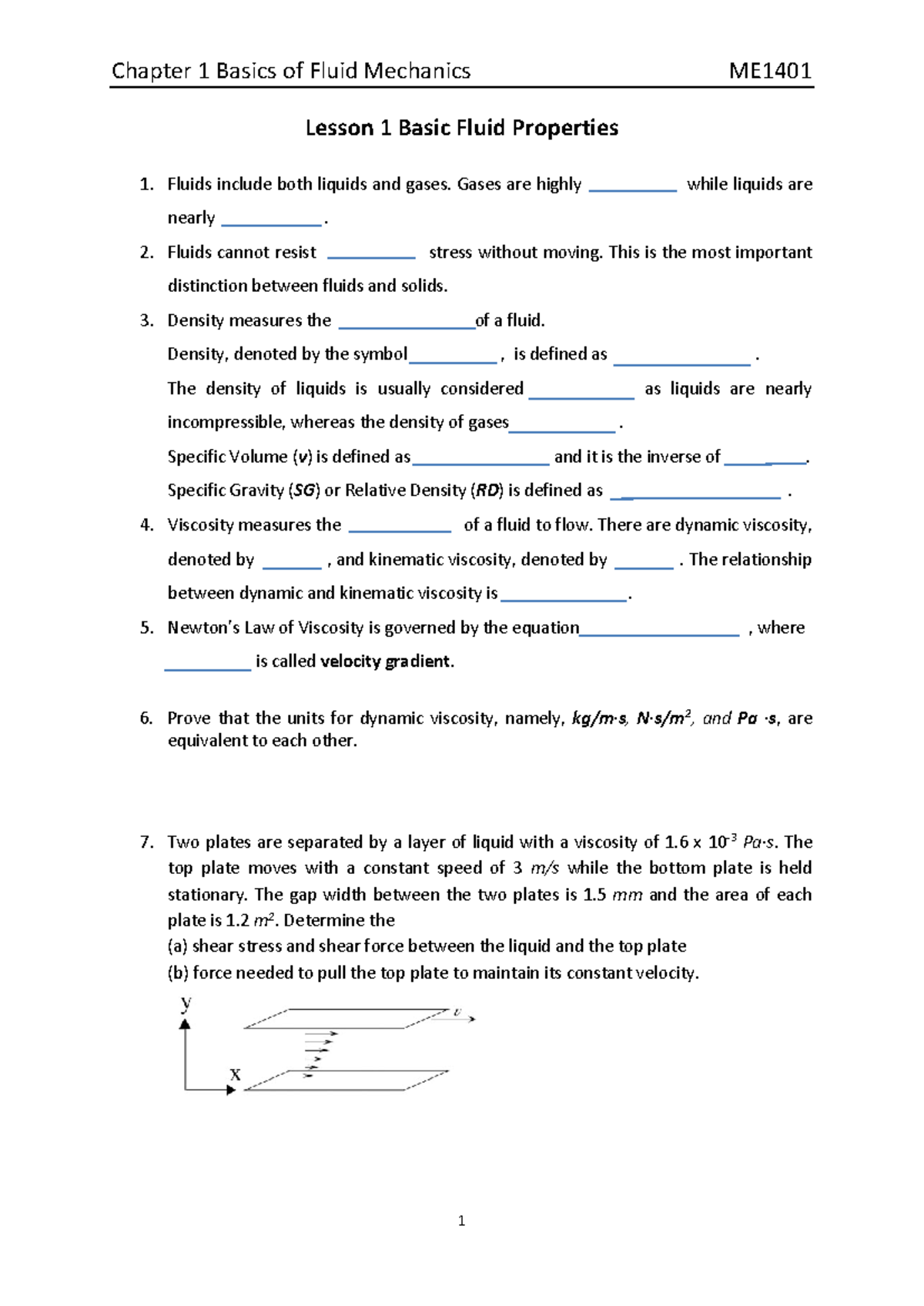 Thermofluids Chapter 1 Lesson 1 Ws - Chapter 1 Basics of Fluid ...