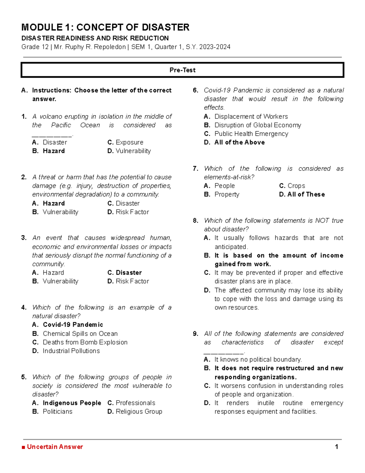 Grade 12 DRRR SEM 1, Q1: Concept of Disaster Readiness & Risk Reduction ...