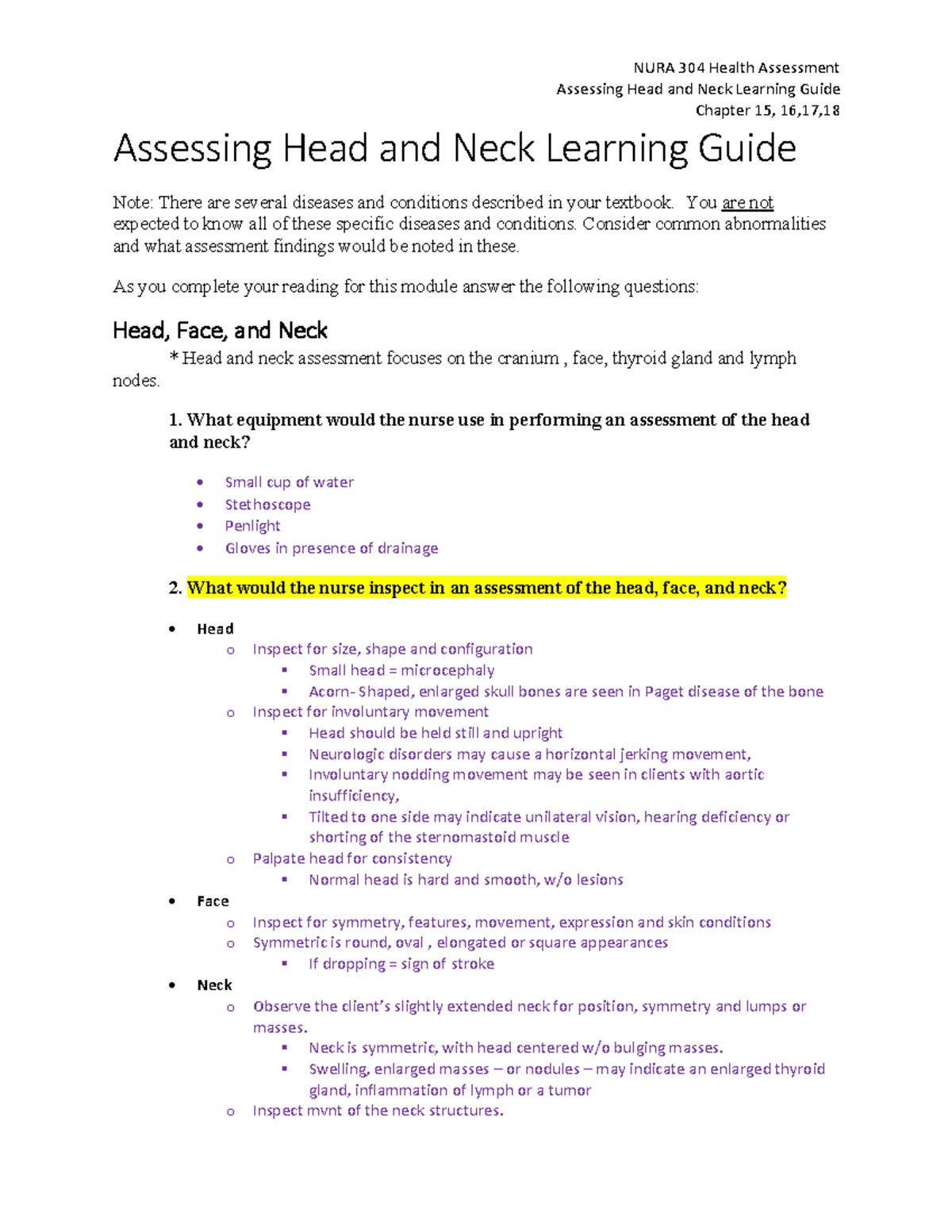 NURA304 Module 3 Head and Neck Assessment Learning Guide FA 19 - Studocu