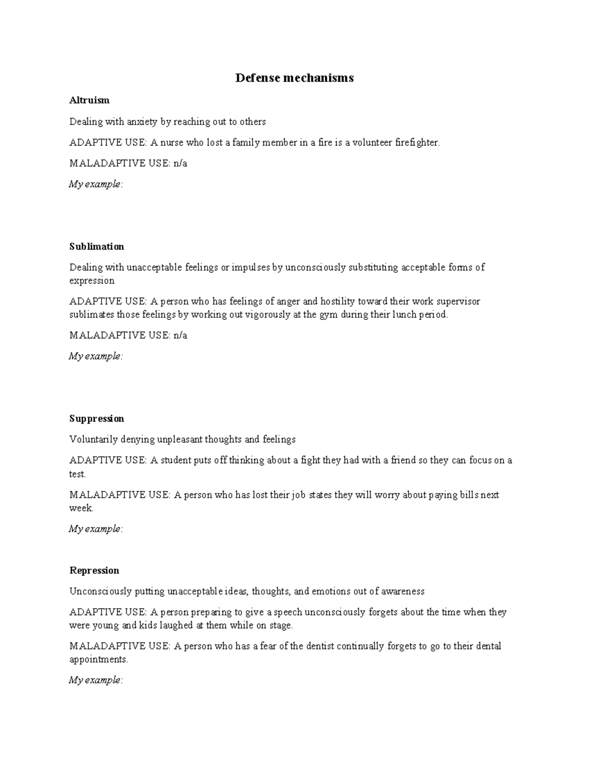 Defense Mechanisms Student Worksheet: Adaptive vs. Maladaptive Uses ...