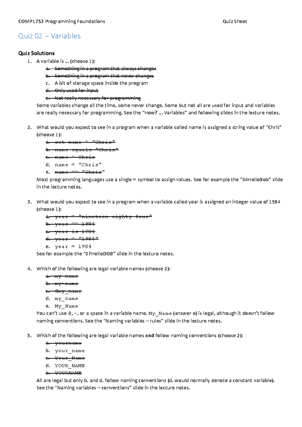 Quiz 02 Variables-solutions - COMP1753 Programming Foundations Quiz ...