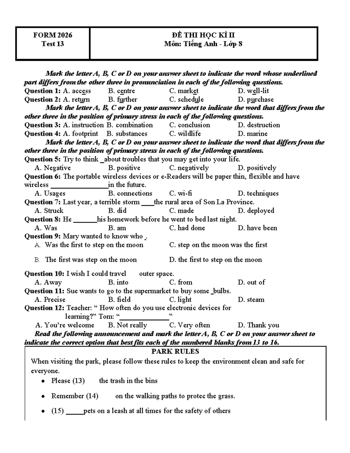 L8 FORM 2026 HK2 Test 13: Tiếng Anh Học Kỳ II - Studocu