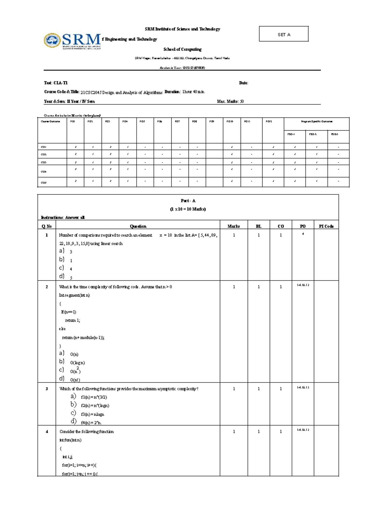 21CSC204J DAA CT1 Question Paper - Design and Analysis of Algorithms ...