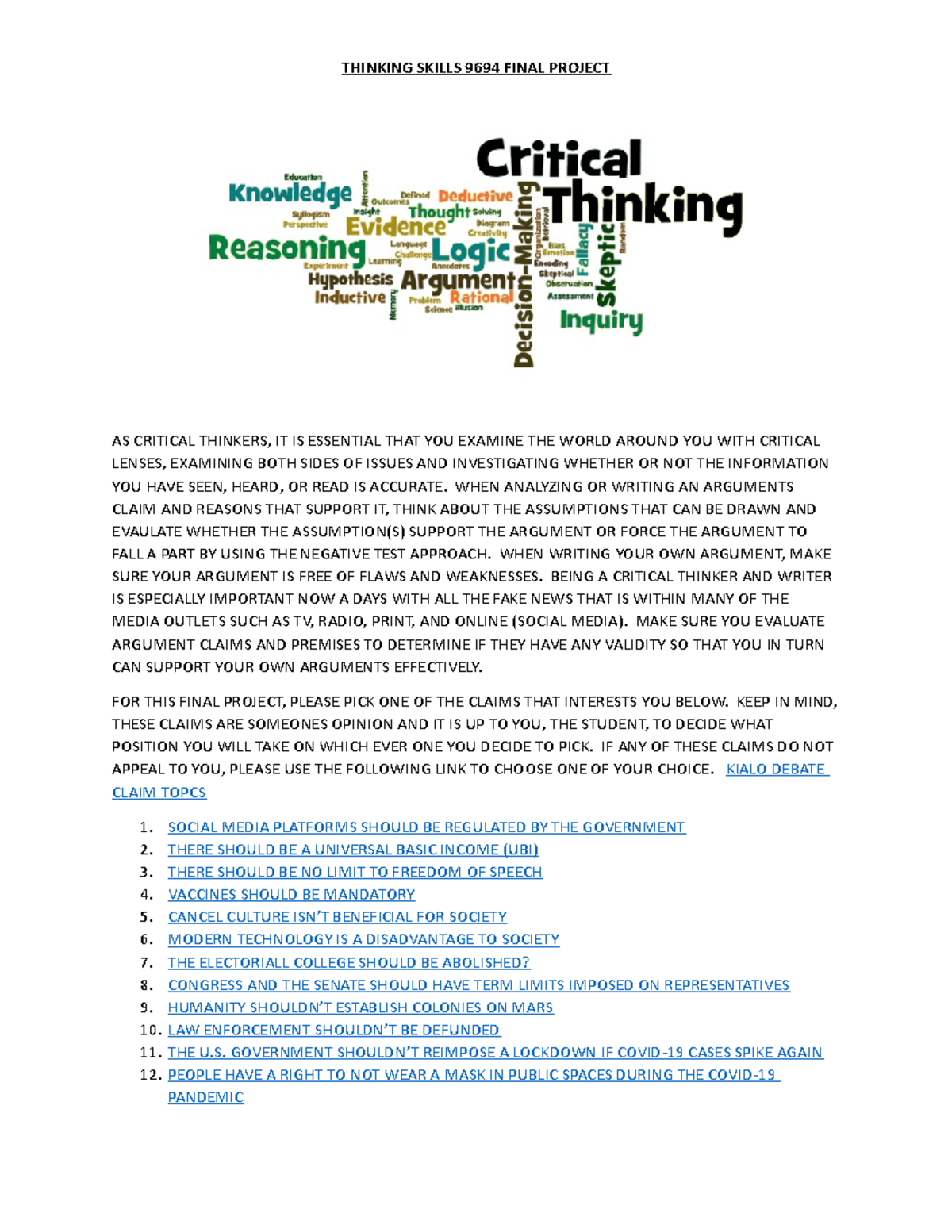 Thinking Skills 9694 Final Project: Analyzing Arguments and Claims ...