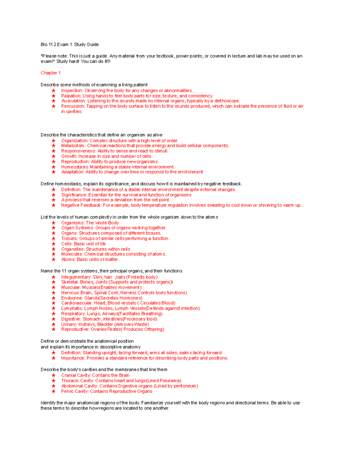 Bio 112 Exam 1 Study Guide: Anatomy, Physiology & Cell Biology - Studocu