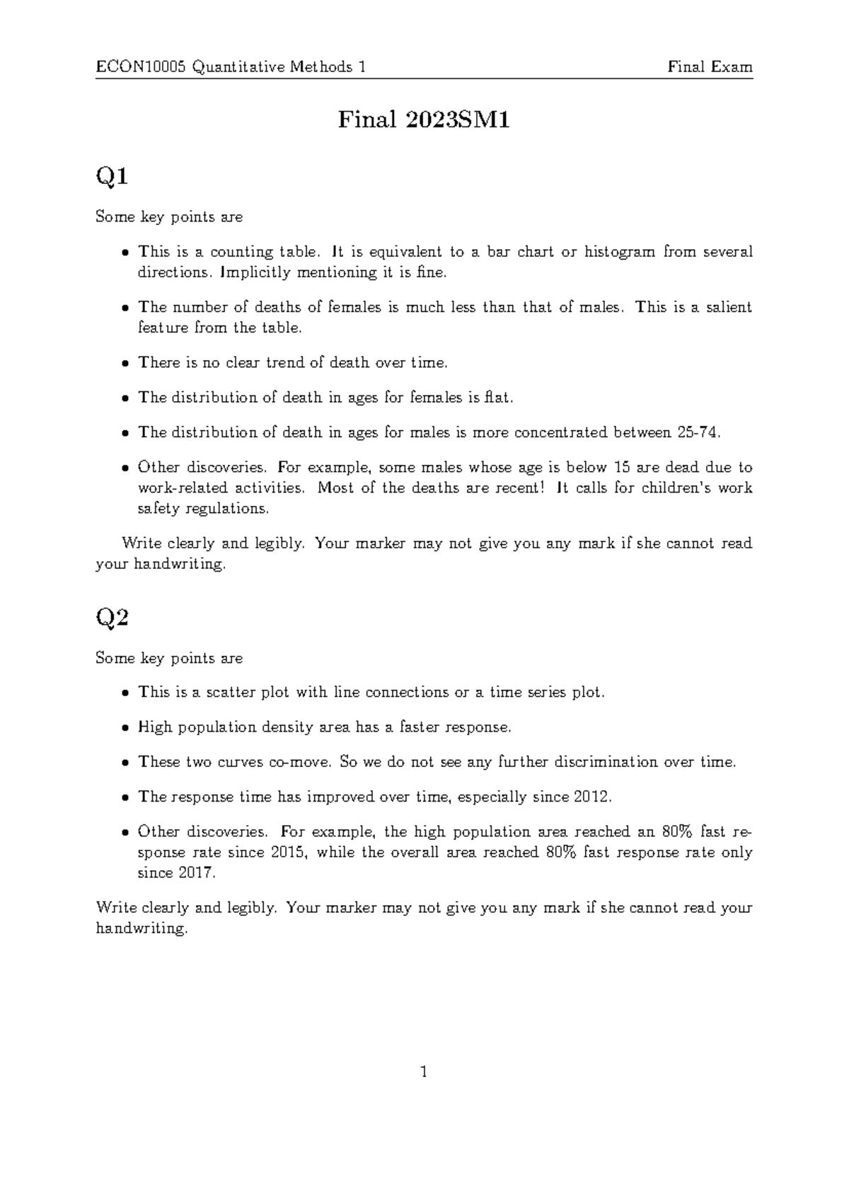 QME 2023SM1 Final Exam Sample Solutions and Key Points - Studocu