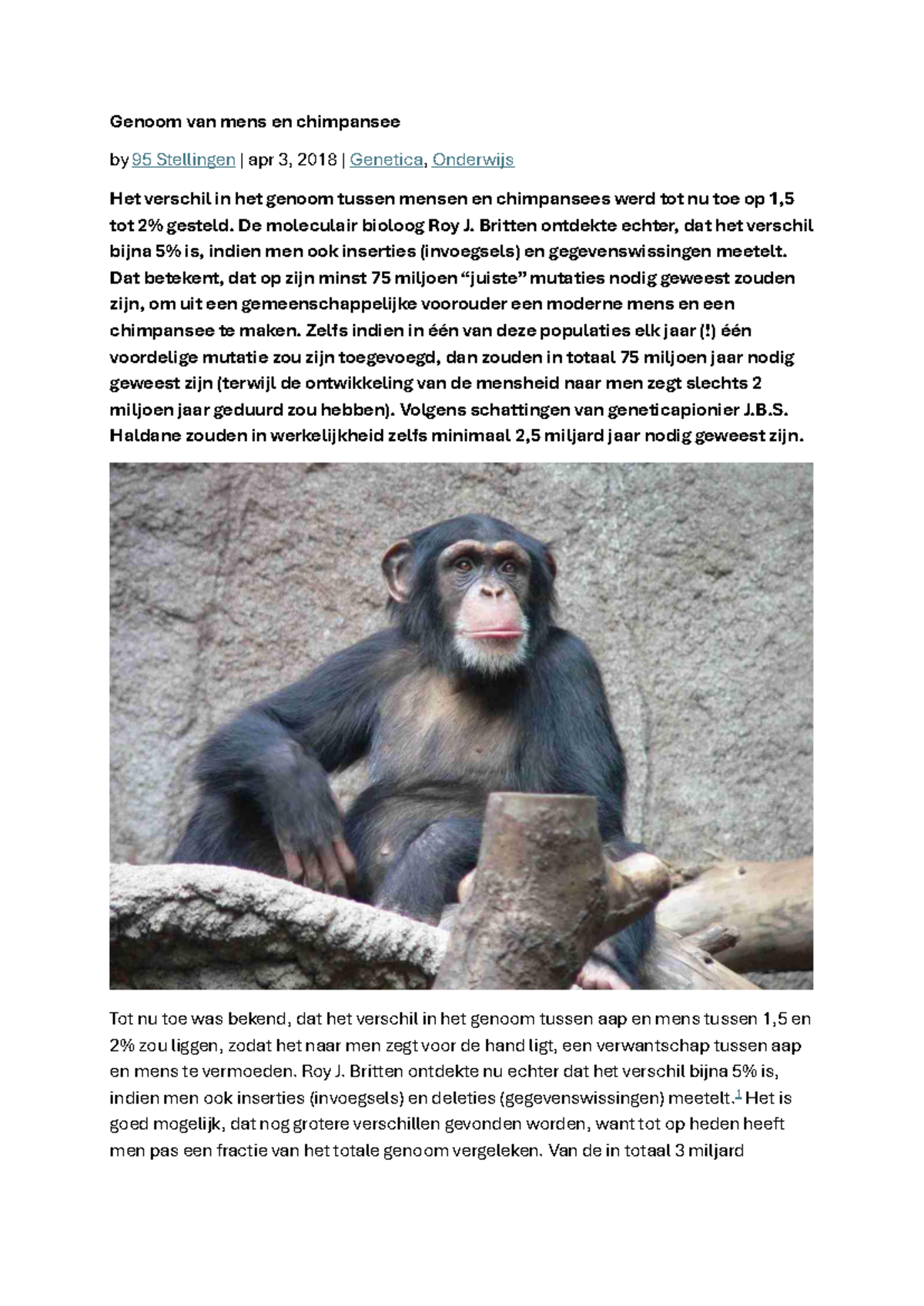 Genoom van mens en chimpansee - De moleculair bioloog Roy J. Britten ...