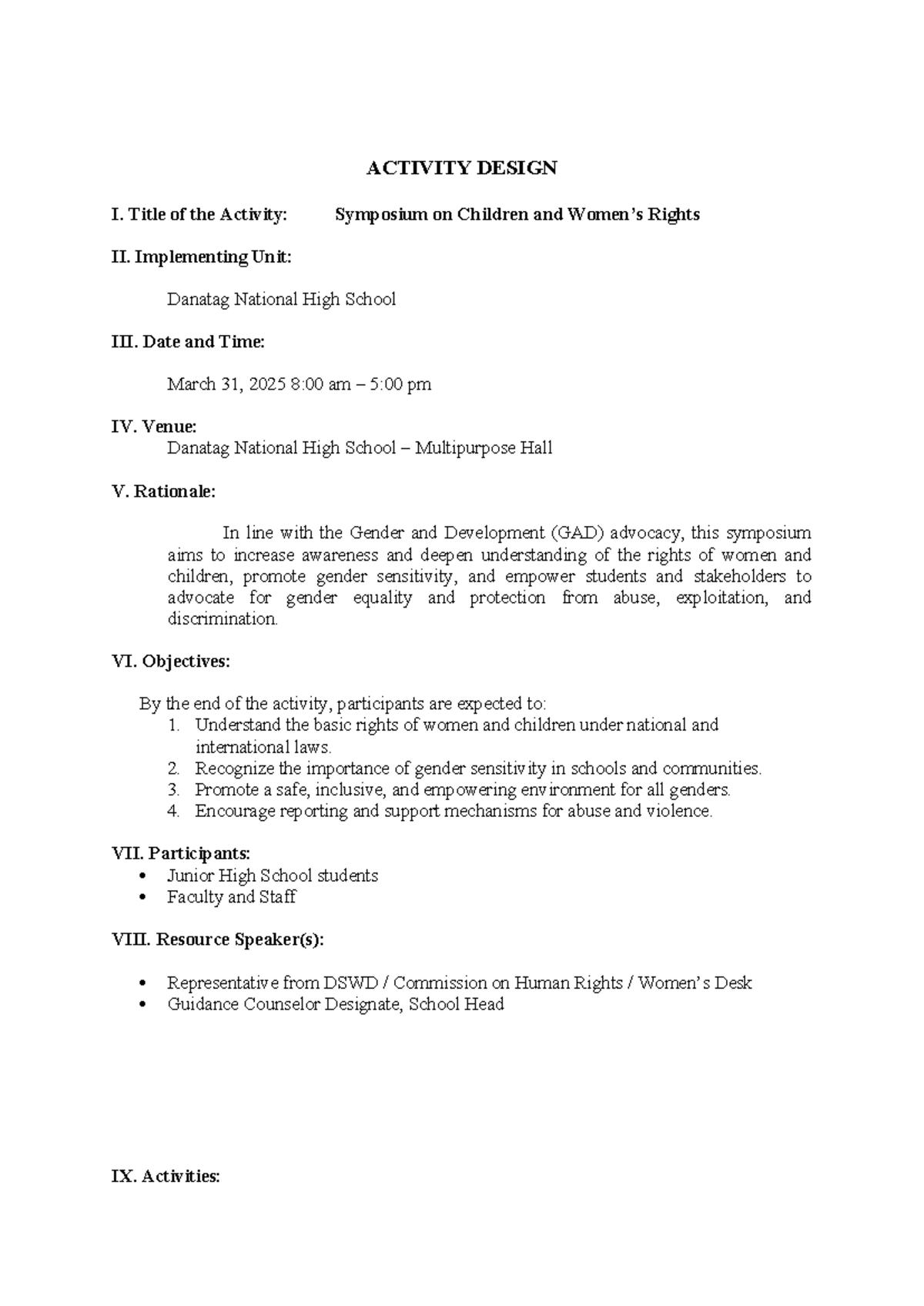 Activity Design: GAD Symposium on Children's Rights (2025) - Studocu