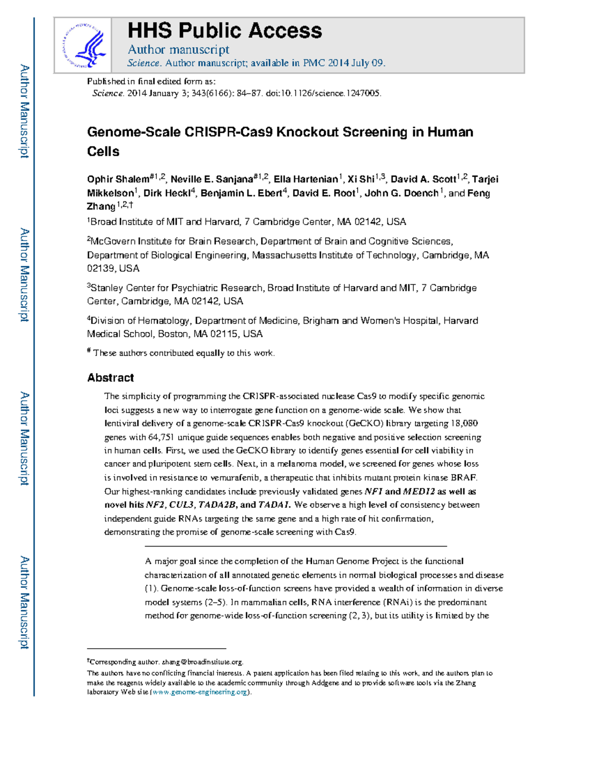 Genome-Scale CRISPR-Cas9 Knockout Screening in Human Cells (HHS 2014 ...