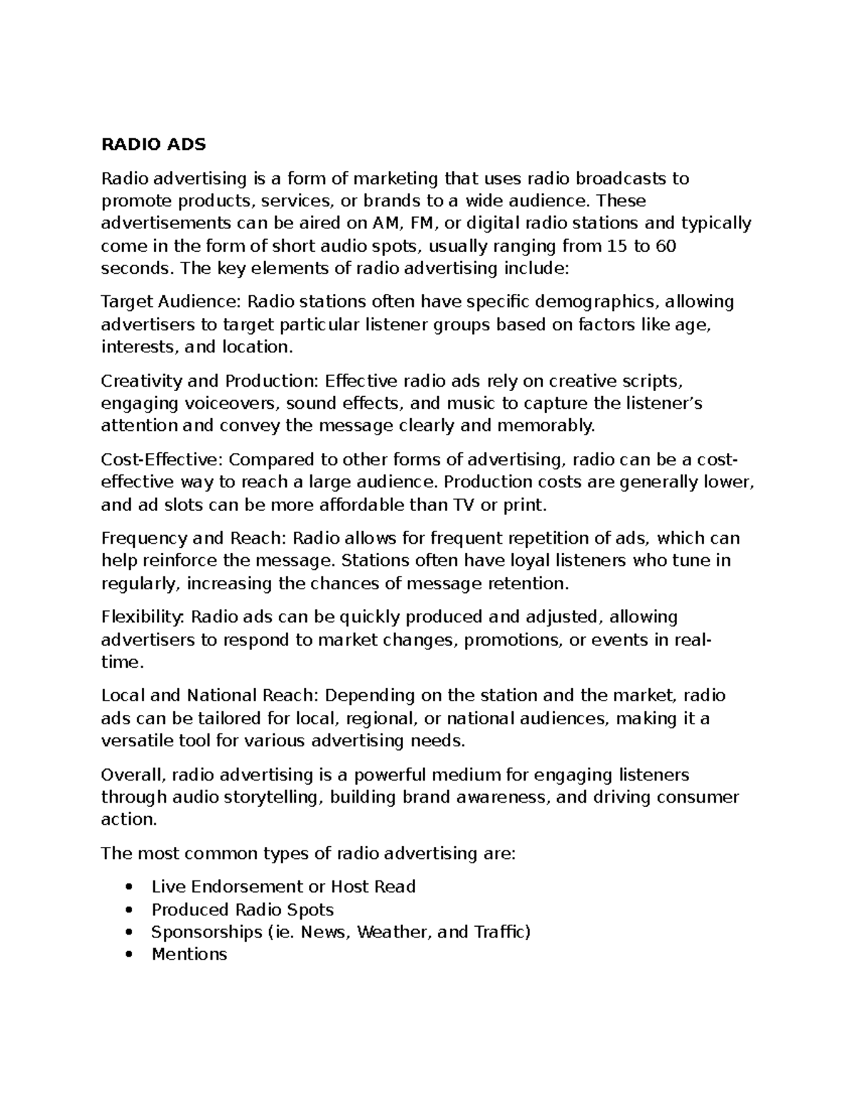 Module 2 Radio ads and TV ads - RADIO ADS Radio advertising is a form ...