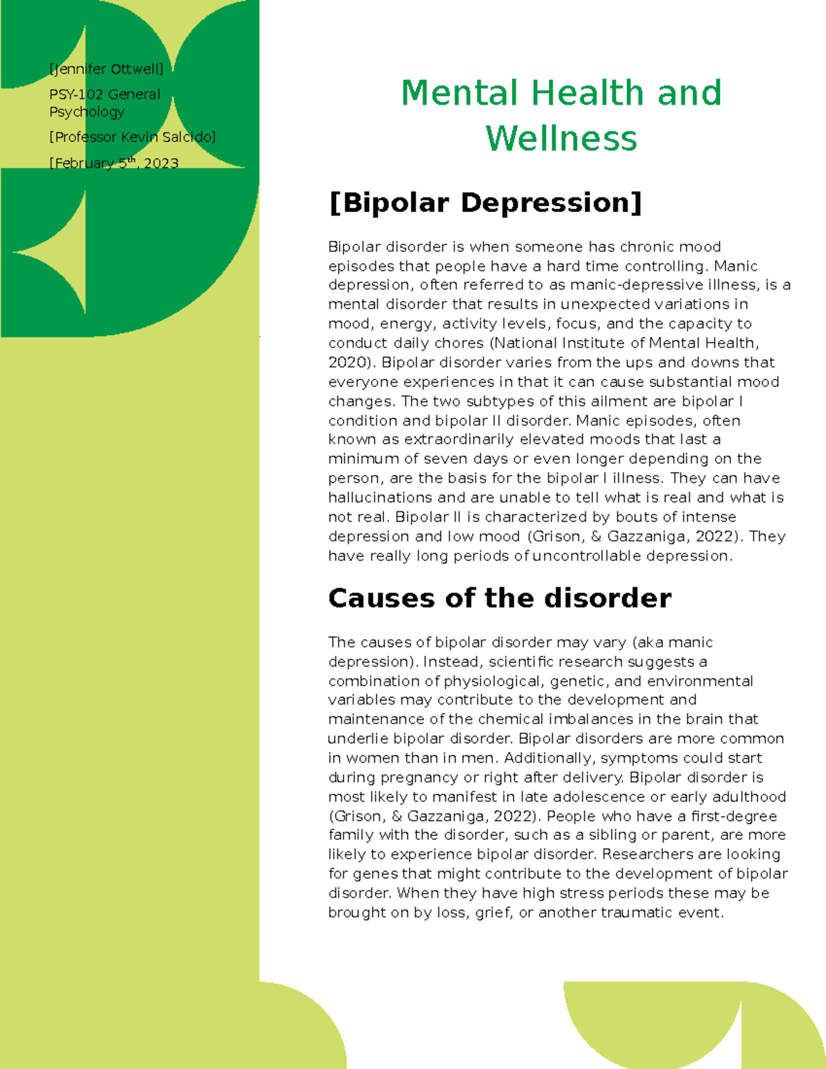 PSY 102 RS T7 Mental Health & Wellness: Bipolar Disorder Insights - Studocu