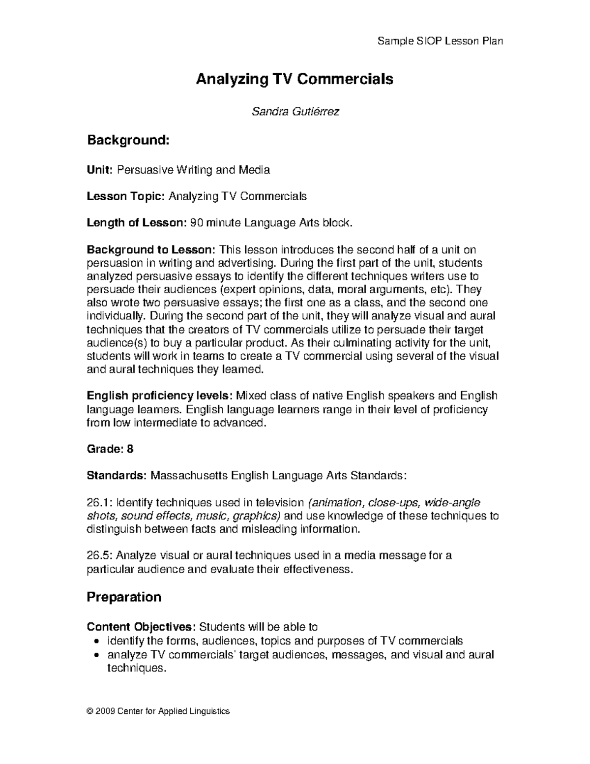 Analyzing TV Commercials: A Lesson Plan for Grade 8 Language Arts - Studocu