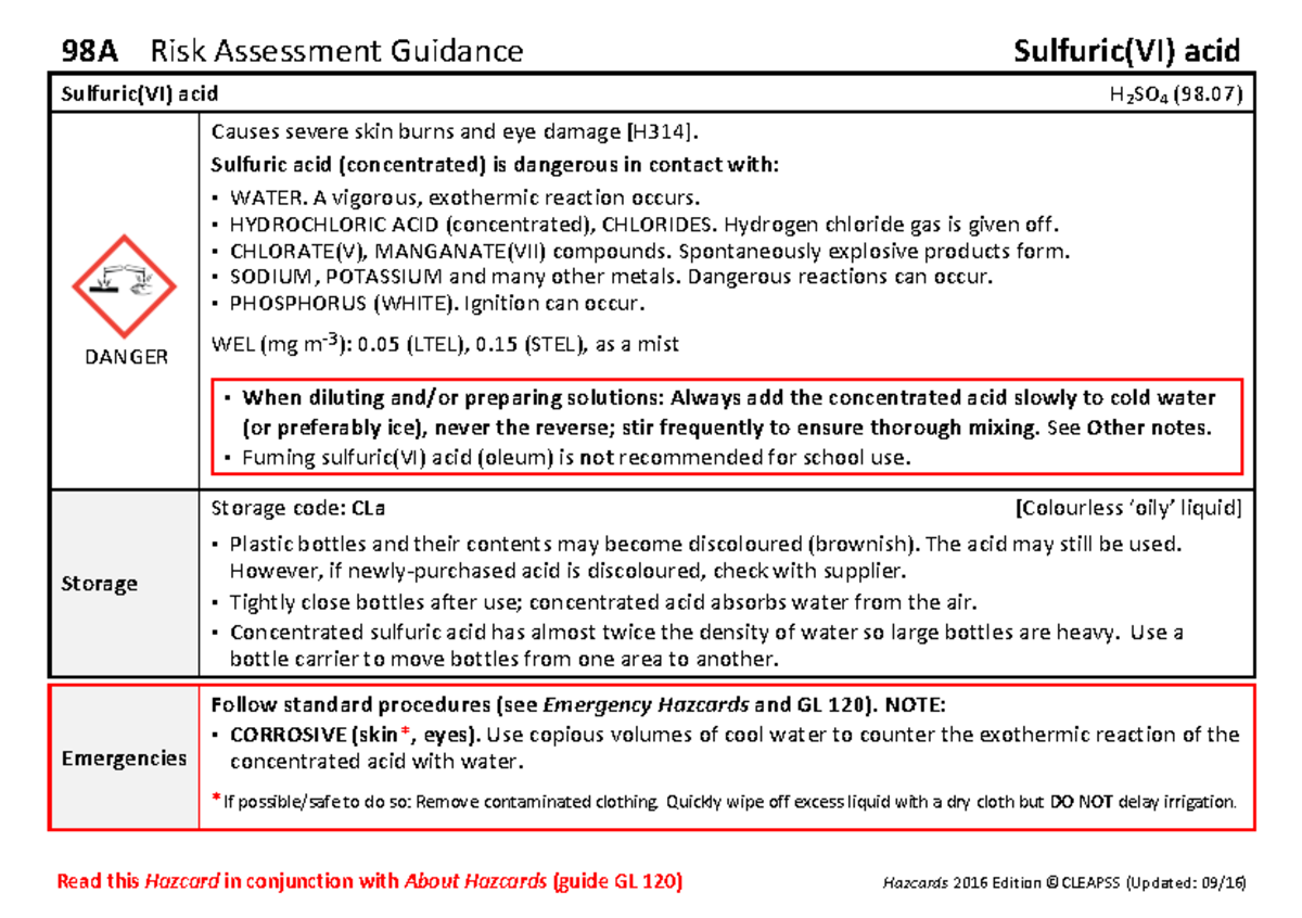 HC098a Risk Assessment Guide for Sulfuric(VI) Acid Handling - Studocu